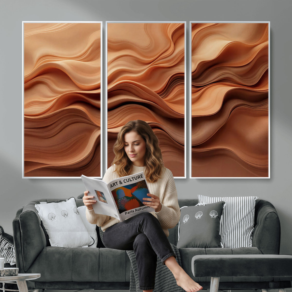 82230697-MGV-CV-36X24 - Modern Abstract Fluid Waves Canvas Wall Art - Minimalist Warm Terracotta Beige Sand Print