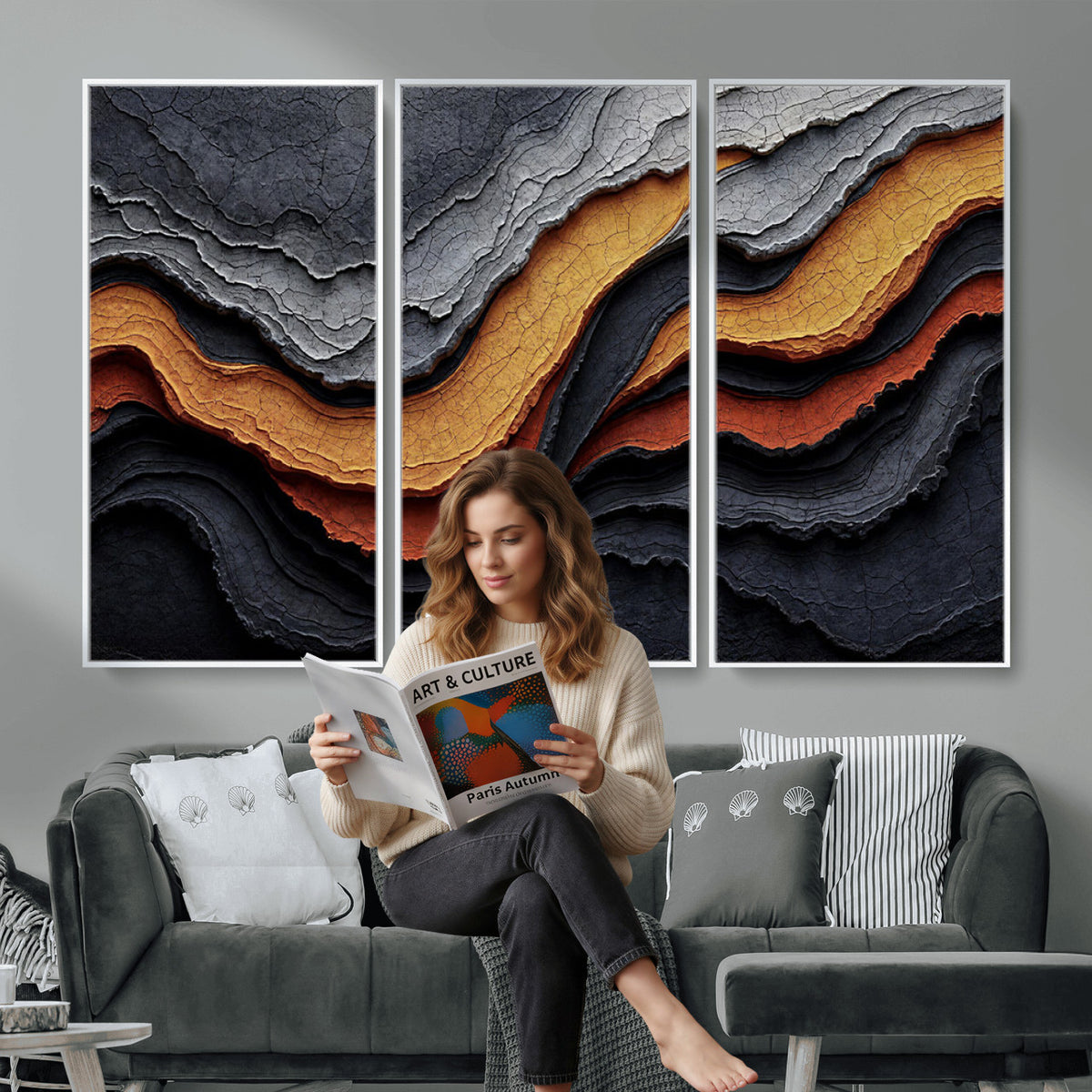 59852489-MGV-CV-36X24 - Abstract Waves Canvas Wall Art - Modern Terracotta and Charcoal Gray Print