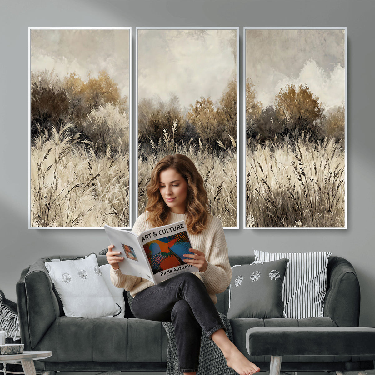 53959945-MGV-TP-30X20 - Muted Neutral Forest Landscape Canvas Wall Art - Vintage Rustic Wildflower Meadow Print