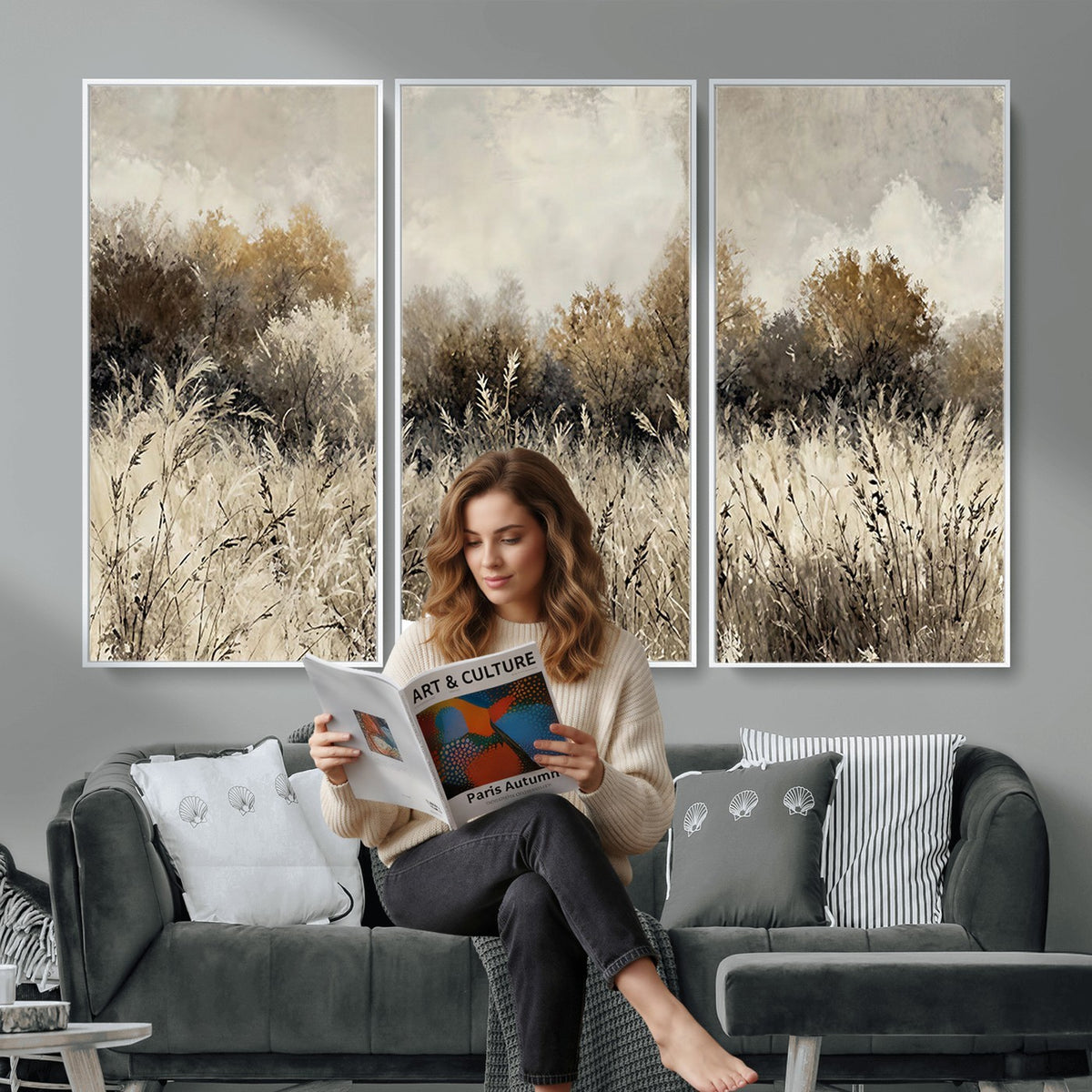 53959945-_Poster-30x20 - Muted Neutral Forest Landscape Canvas Wall Art - Vintage Rustic Wildflower Meadow Print