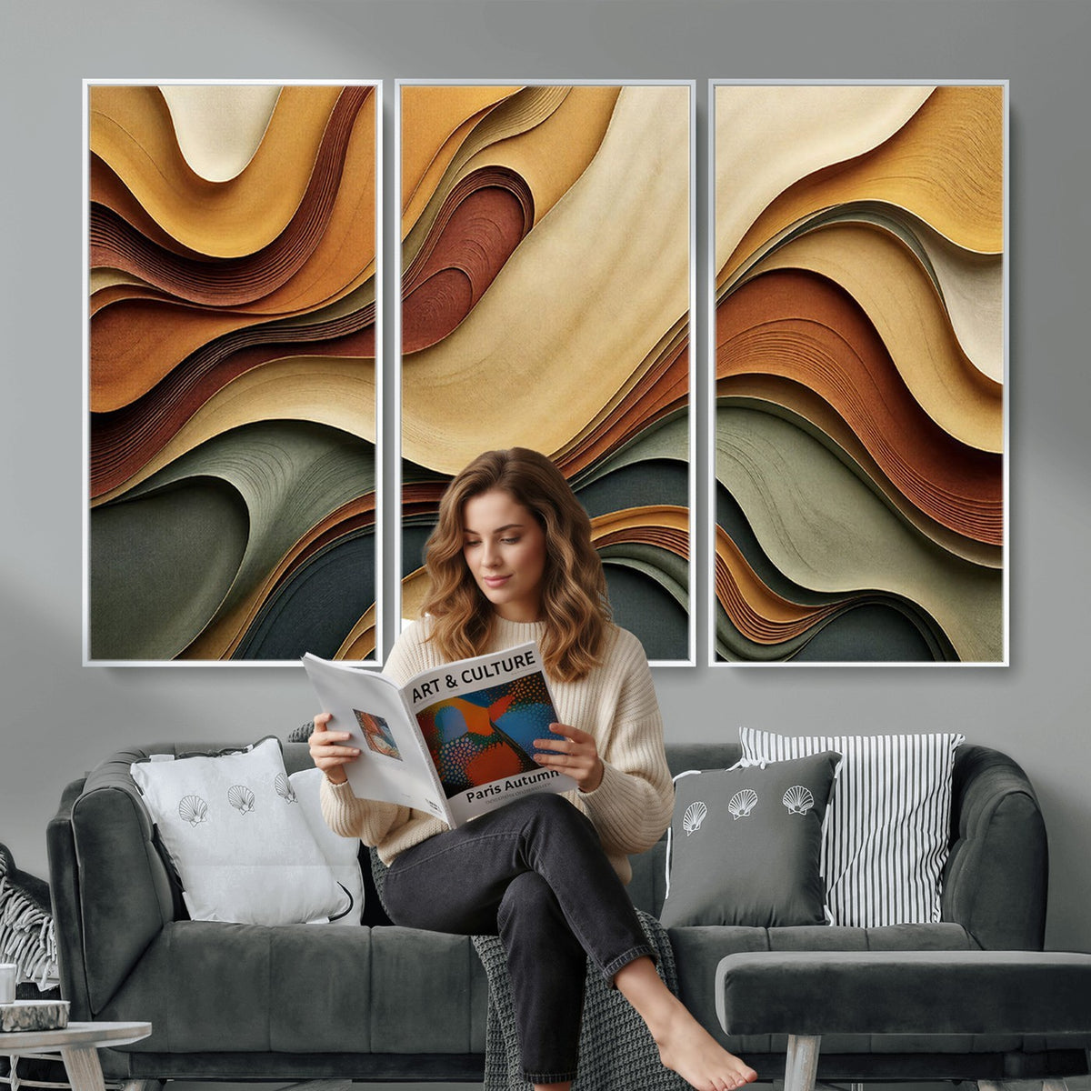 19337902-_Poster-30x20 - Modern Abstract Waves Canvas Wall Art - Minimalist Earthy Tone Living Room Decor
