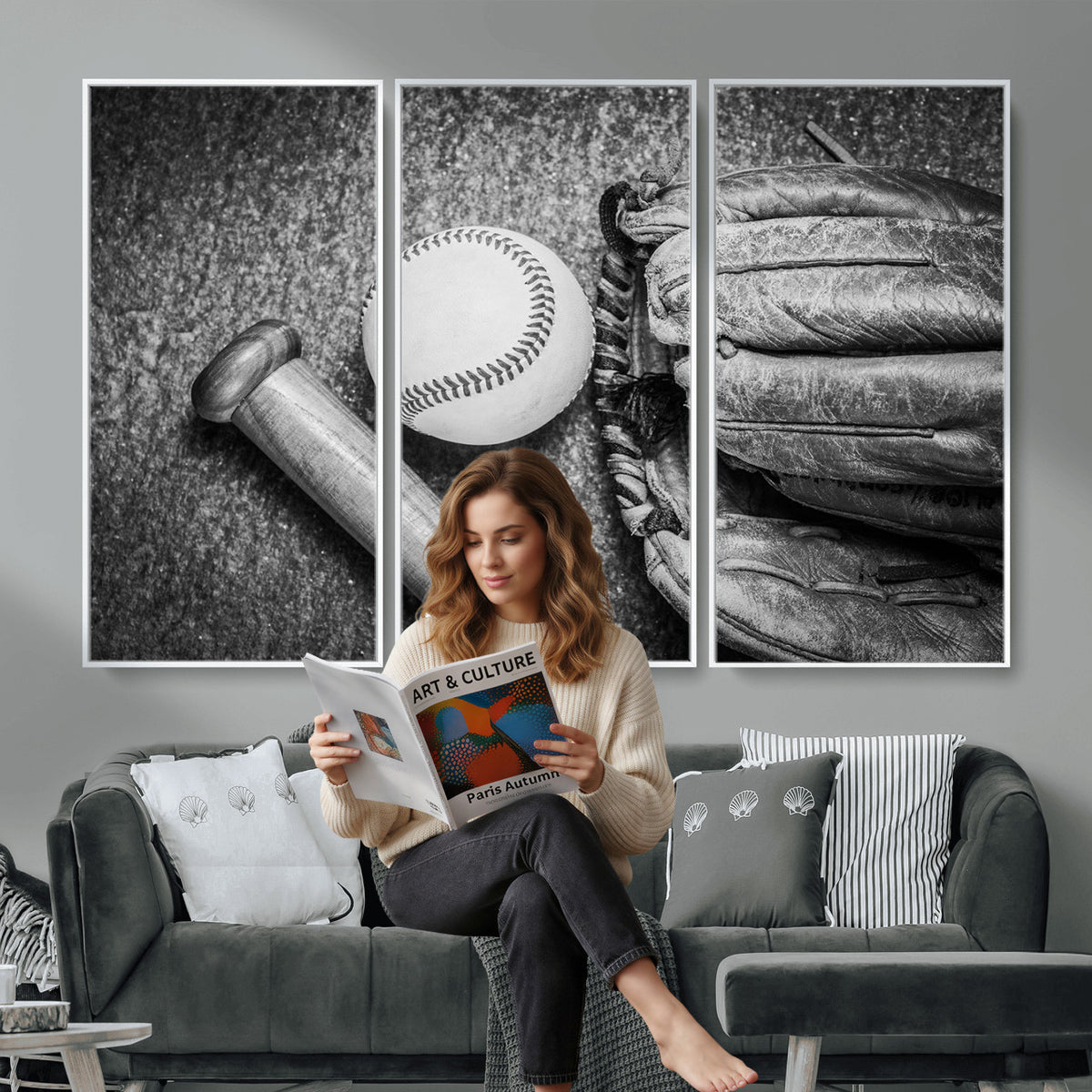 83916D-MGV-CV-36X24 - Vintage Baseball Glove and Bat Sports Wall Art Canvas Print