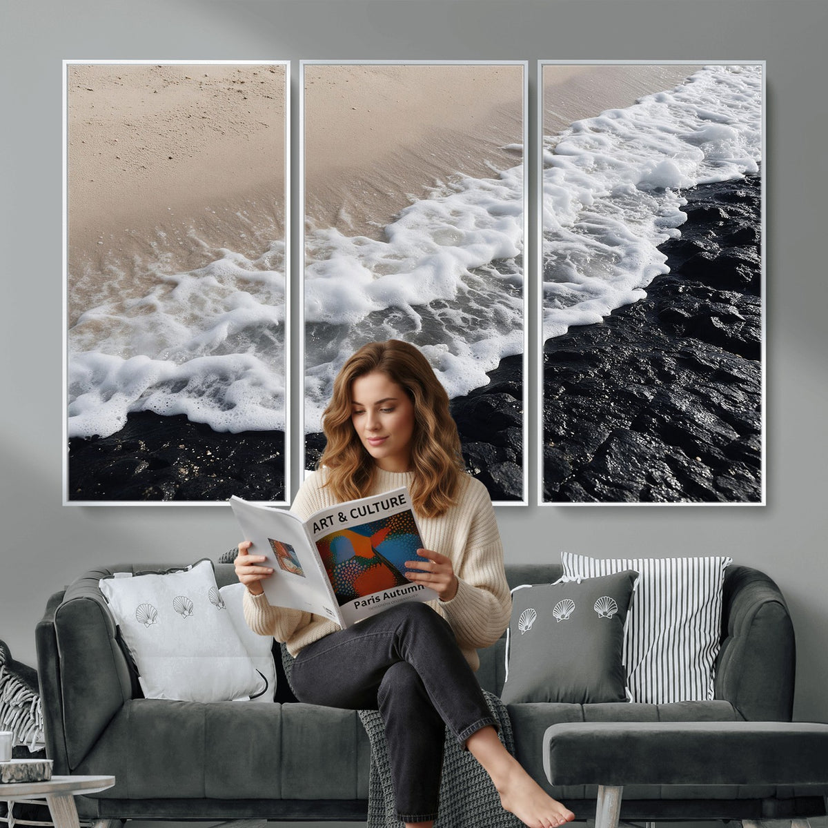 27448606-MGV-CV-24X16 - Ocean Wave Foam on Black Lava Rock Beach Canvas Wall Art Print