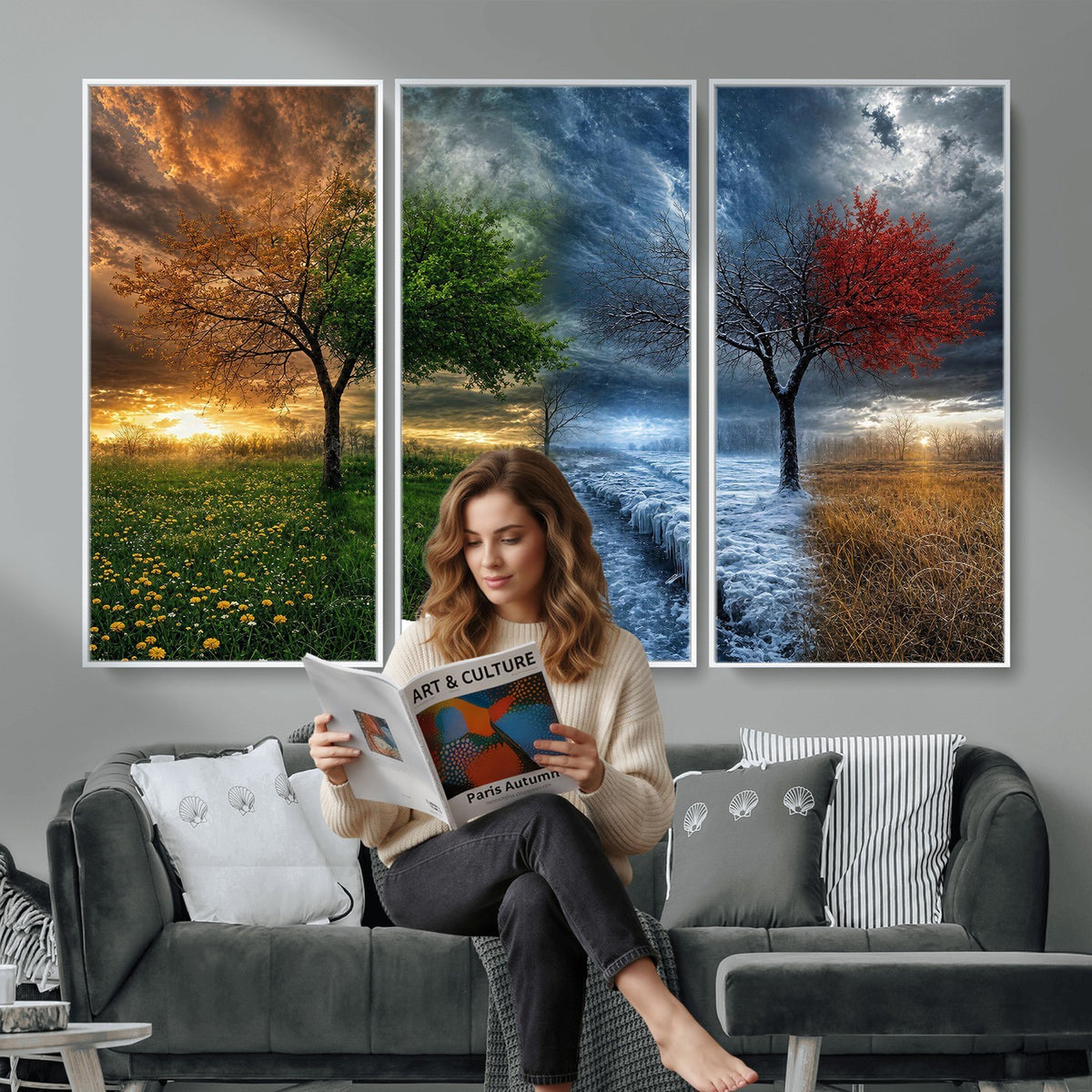 61895574-MGV-CV-24X16 - Four Seasons Tree Canvas Wall Art, Nature Landscape Canvas Print for Living Room