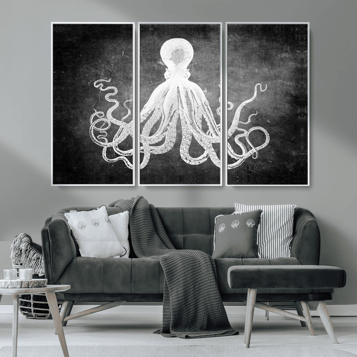 MGV-FC-48X32-3P - Black White Octopus Wall Art Canvas Print