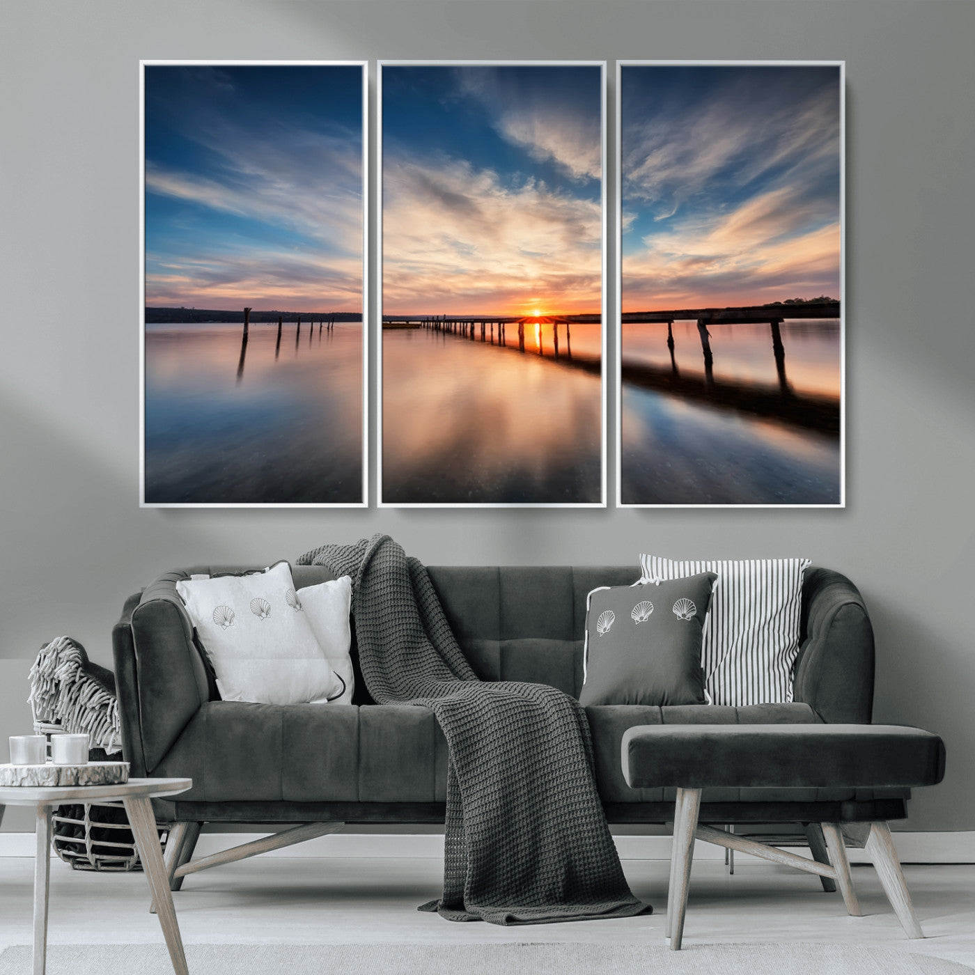 MGV-FC-48X32-3P - Wooden Pier on Seascape and Sunset Wall Art Canvas Print