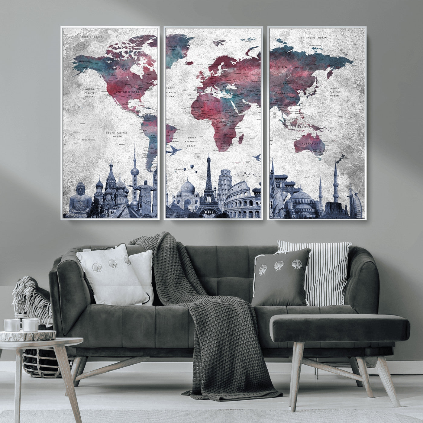 MGV-FC-48X32-3P - Push Pin World Map Canvas Print – Framed Wall Art for Couples to Track Their Travels – Anniversary