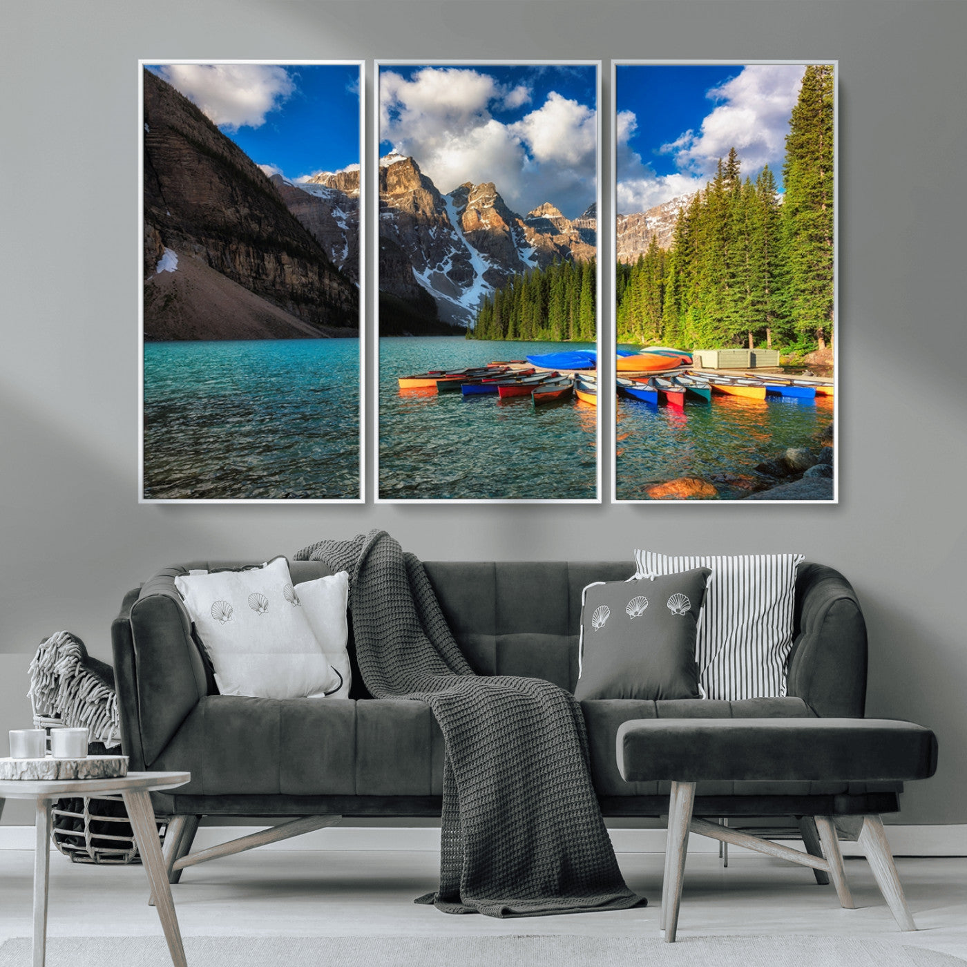 MGV-FC-48X32-3P - Moraine Lake 3-Panel Wall Art, Majestic Mountain and Lake Landscape Canvas Print Canoes on Moraine