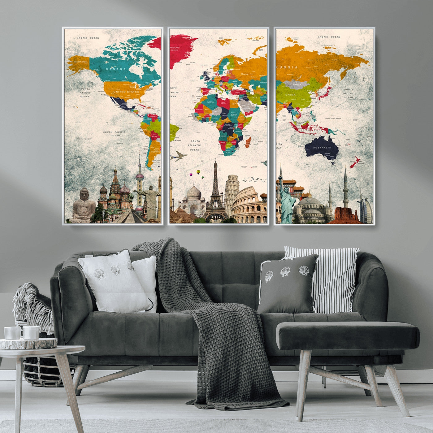 MGV-FC-48X32-3P - Push Pin World Map Canvas Print – Framed Wall Art for Couples to Track Their Travels – Anniversary
