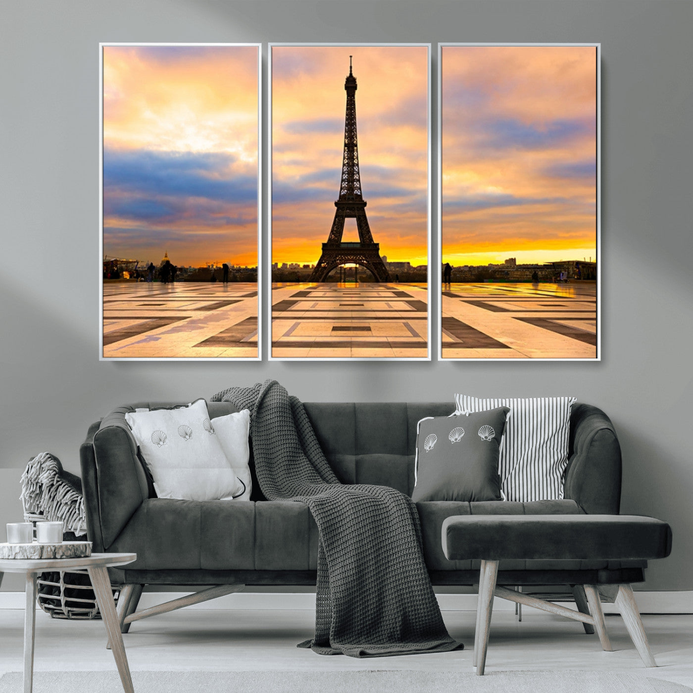 MGV-FC-48X32-3P - Paris Eiffel Tower Sunset Canvas Wall Art Print - Iconic Landmark Decor with Vibrant Colors