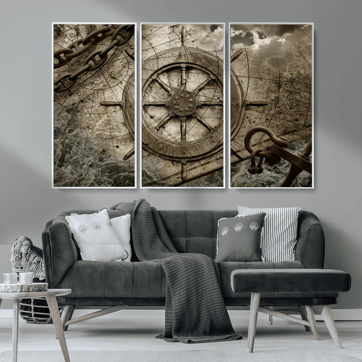 MGV-FC-48X32-3P - Wooden Ship Wheel Canvas Print, Multi Panel Canvas Wall Art Print