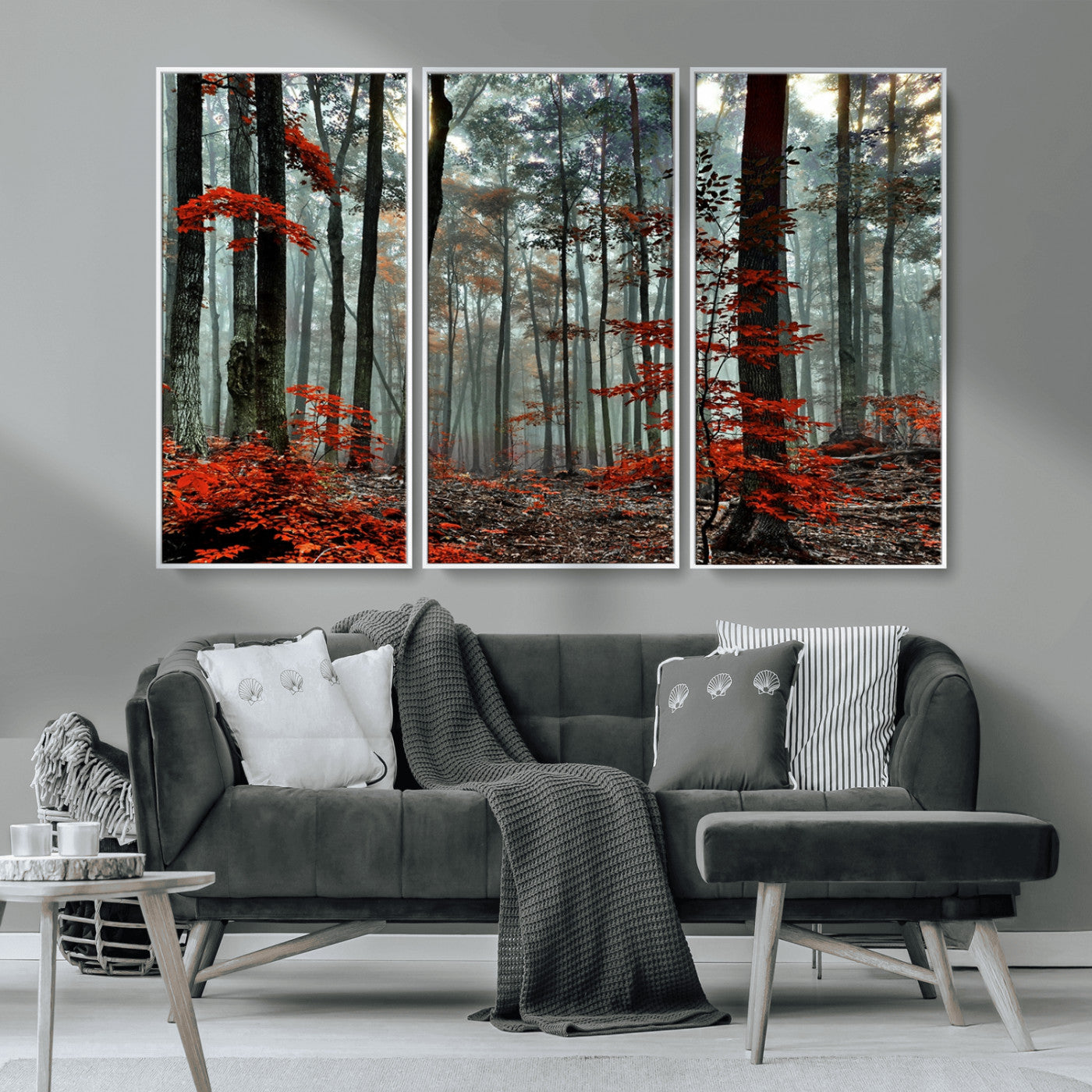MGV-FC-48X32-3P - Autumn Forest Canvas Wall Art – Enchanting Red Leaves Triptych Print – Nature-Inspired Decor for