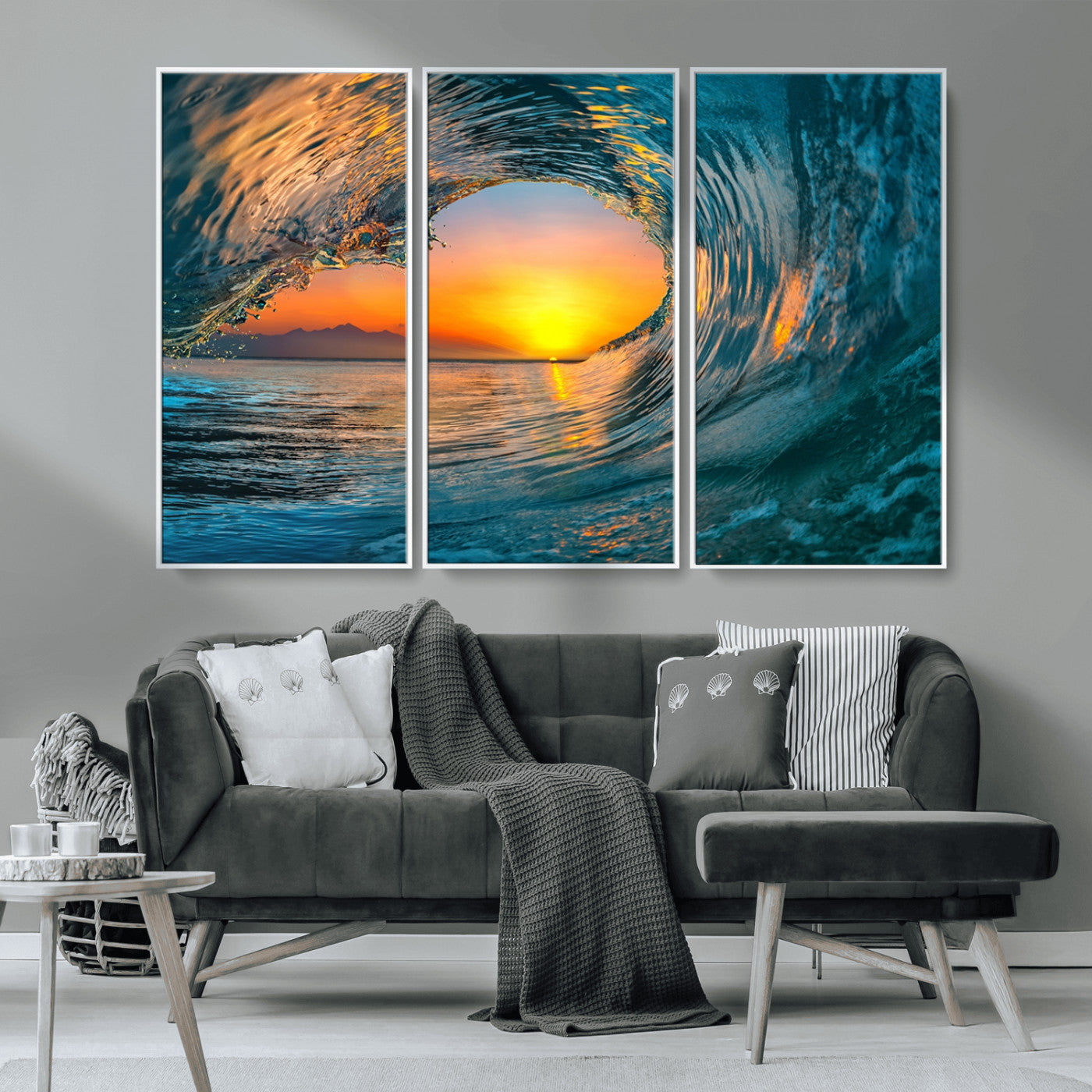 MGV-FC-48X32-3P - Ocean Wave Sunset Wall Art | Large Coastal Wave Canvas Print | 3-Panel Ocean Sunset Seascape for