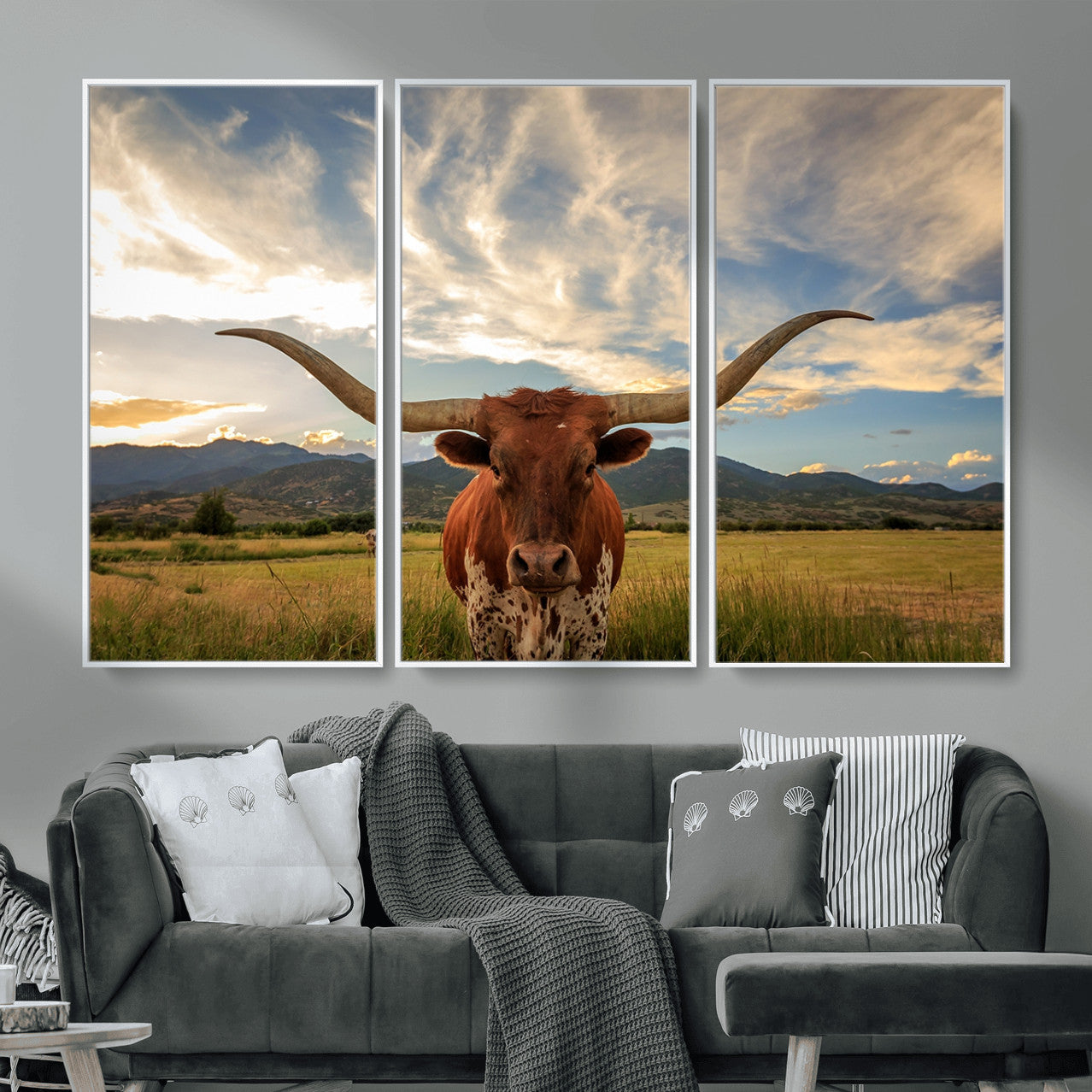 55416-MGV-CV-36X24 - Texas Longhorn Canvas Wall Art – Majestic Triptych Animal Print – Rustic Western Decor for Living Room