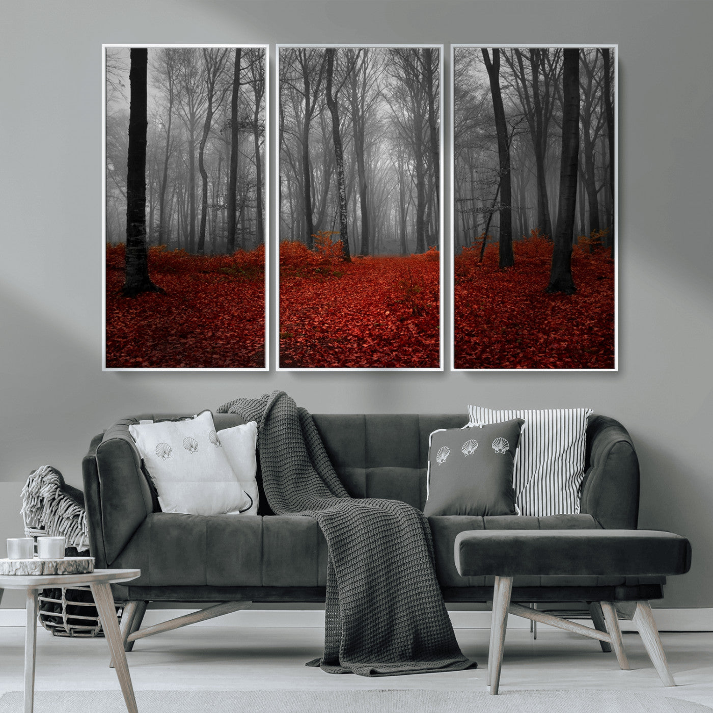 MGV-FC-48X32-3P - Red Forest Floor Canvas Wall Art – Mystical Foggy Woodland Triptych – Nature-Inspired Decor for