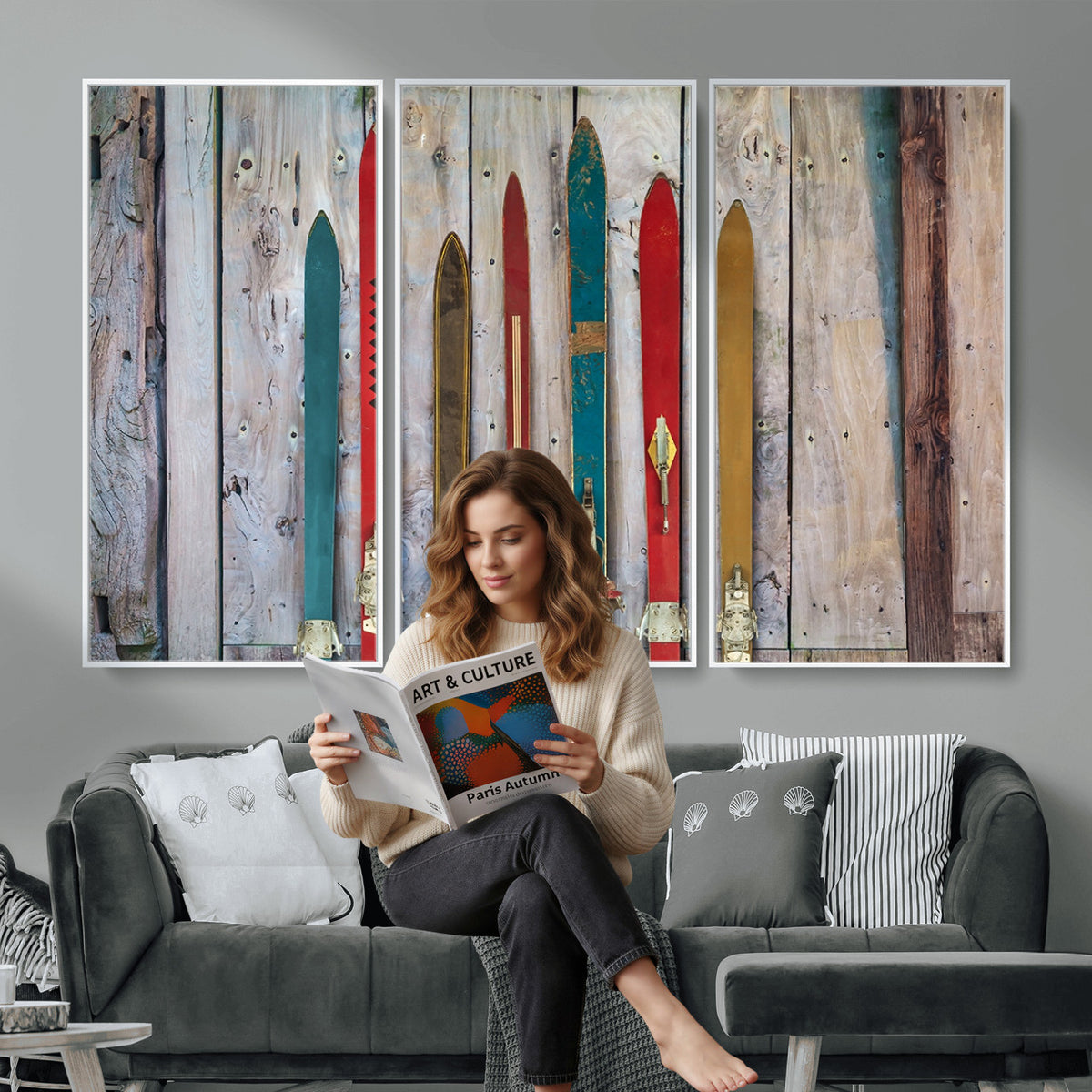 30640-MGV-CV-36X24 - Vintage Wooden Weathered Skis in Front of an Old Barn Wall Art Canvas Print
