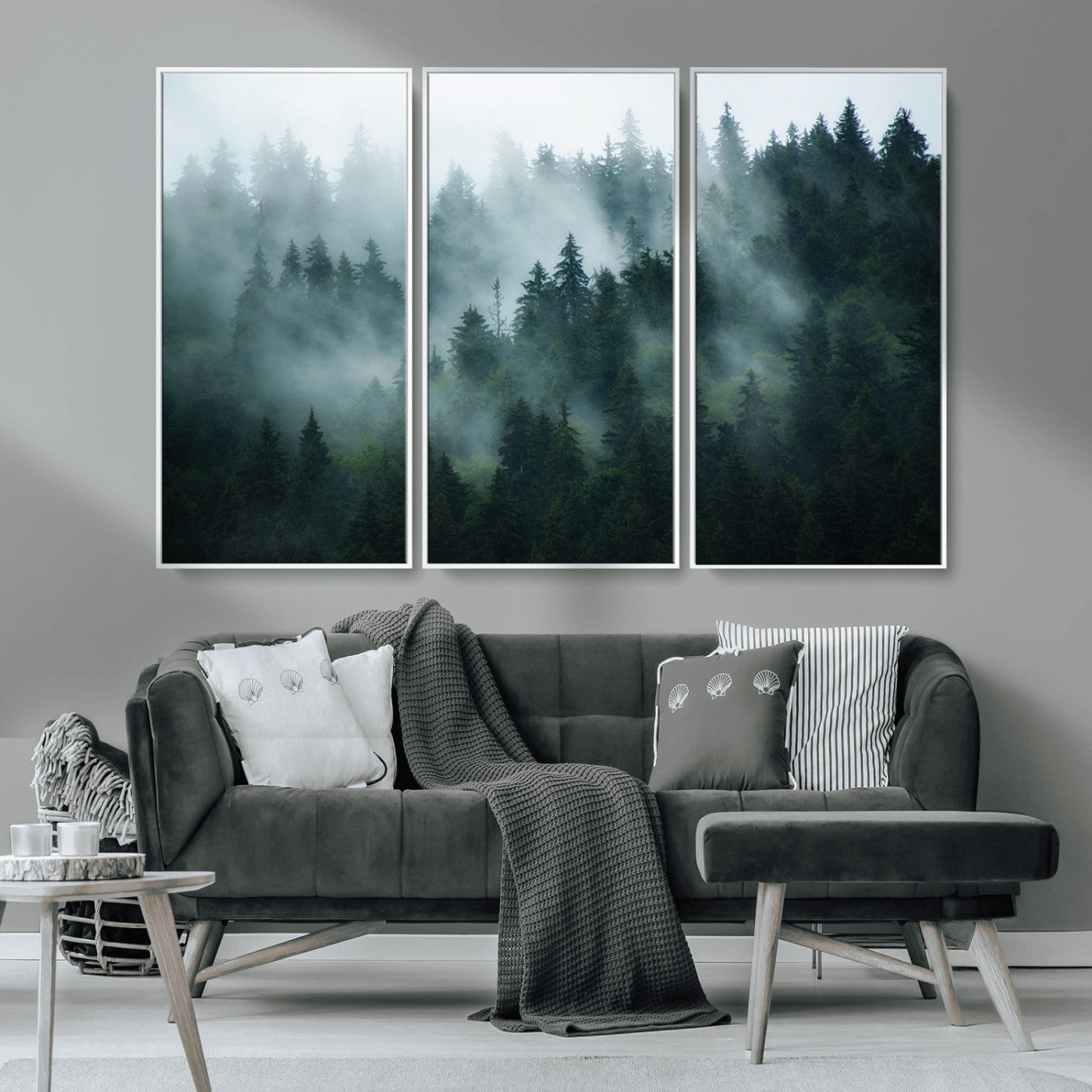 MGV-FC-48X32-3P - Foggy Forest 3-Panel Canvas Wall Art | Large Giclée Nature Scene Print for Living Room, Office, or