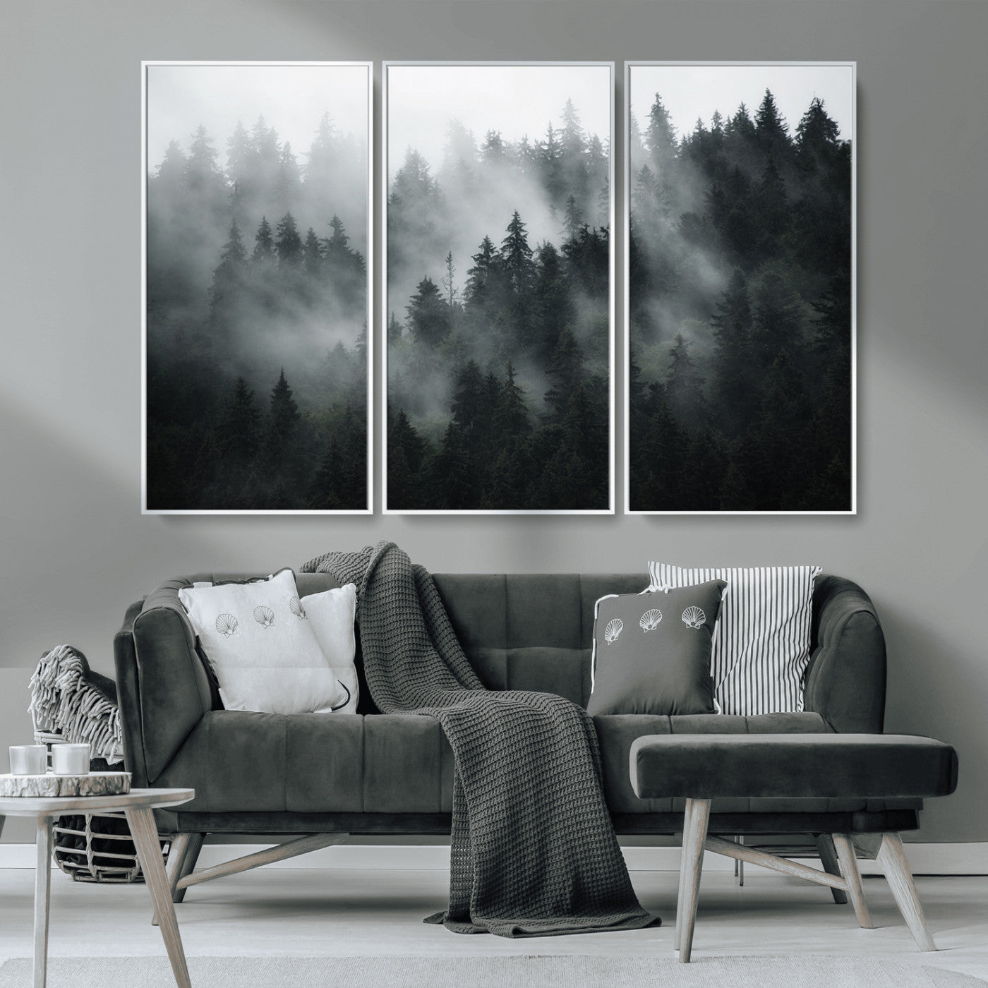 MGV-FC-48X32-3P - Foggy Forest Wall Art Canvas Print | 3 Panel Large Misty Landscape for Dining Room, Office, or
