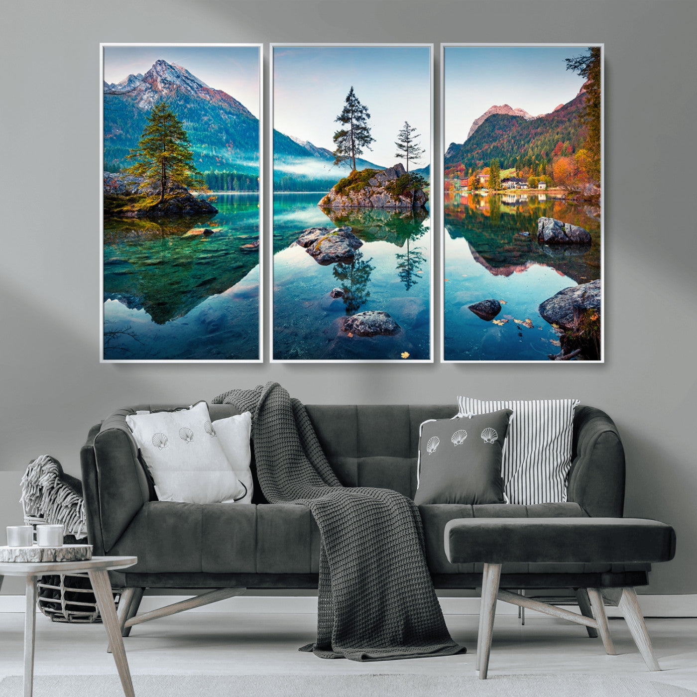 -Crystal Clear Lake Wall Art | Mountains Wall Art Canvas | 3 Panel Large Landscape Print for Dining