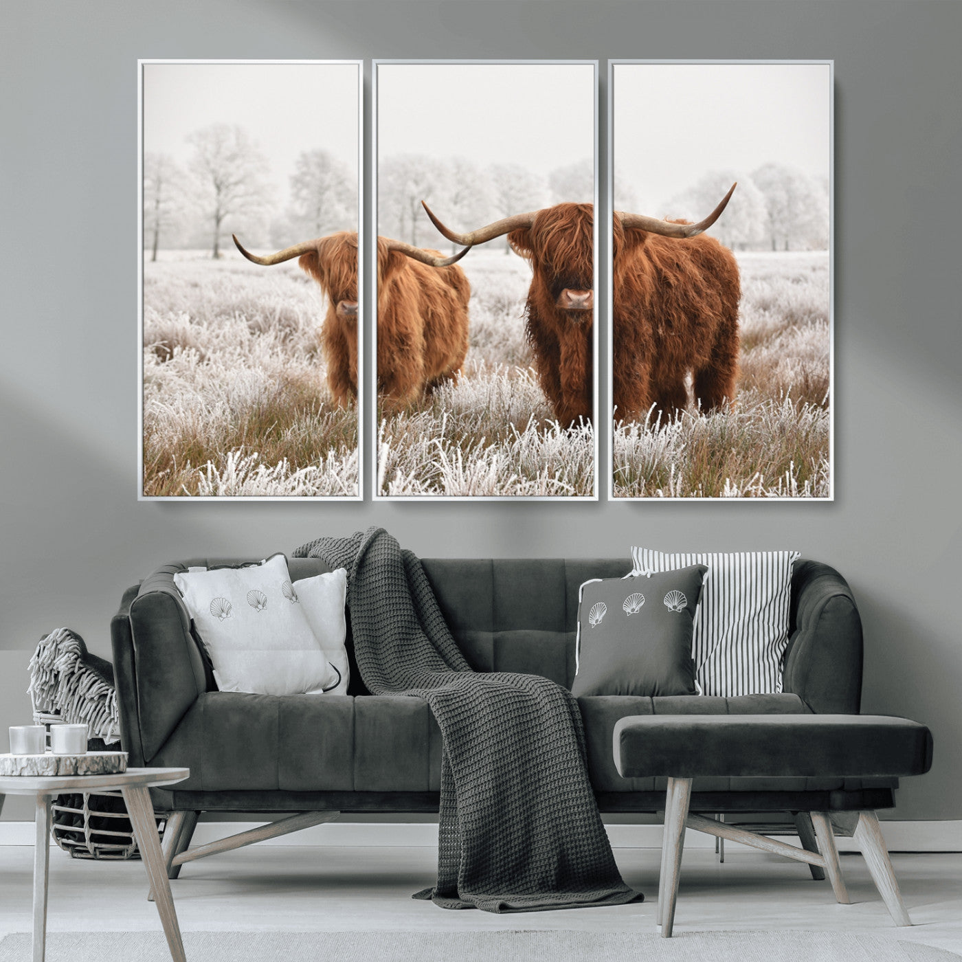 MGV-FC-48X32-3P - Longhorn Cattle Wall Art Canvas Print, Framed Farmhouse Style Art Picture Print, Rustic Cow Perfect Rustic Farmhouse Decor Artwork