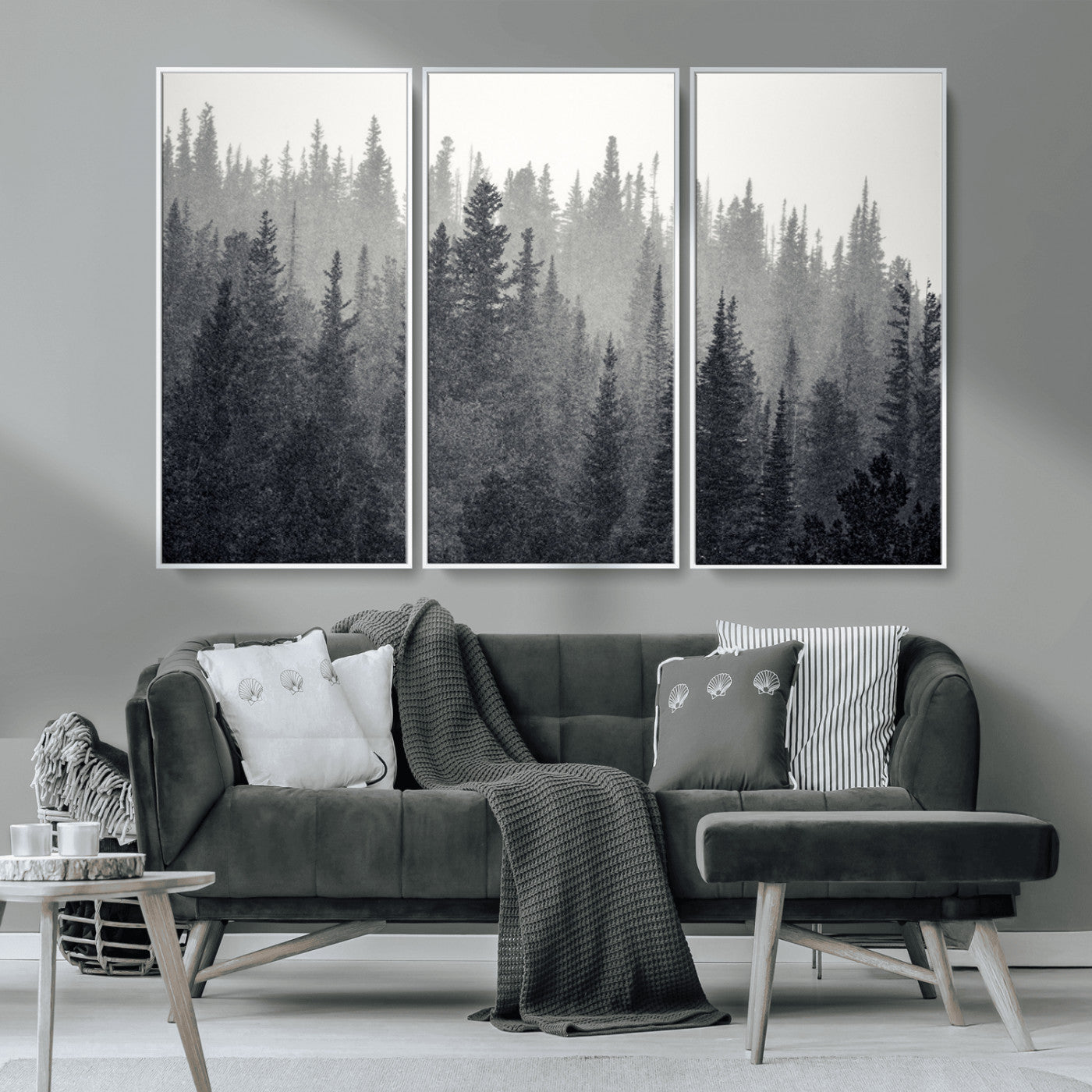 MGV-FC-48X32-3P - Misty Forest Canvas Wall Art – Monochrome Triptych Pine Tree Print – Nature-Inspired Home Decor –