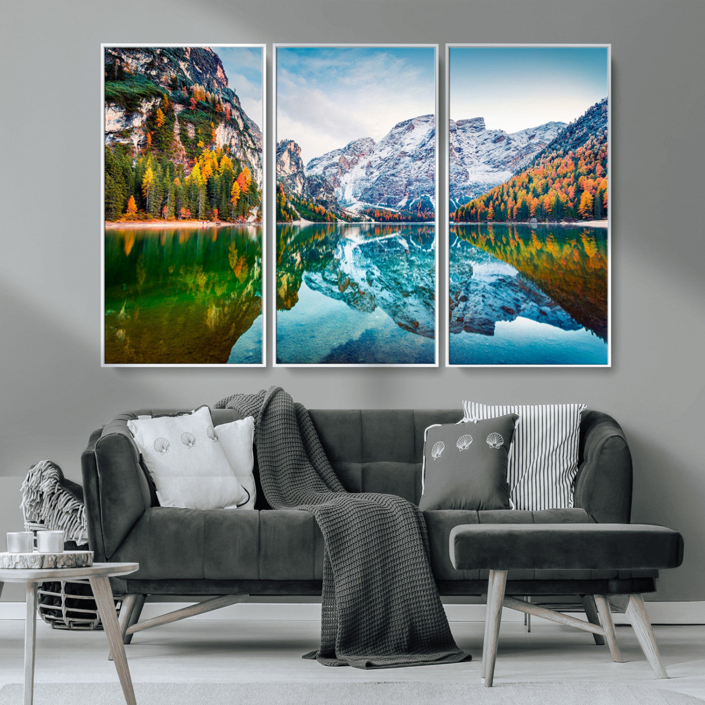 MGV-FC-48X32-3P - Spectacular autumn view of Braies Lake Wall Art Canvas Print