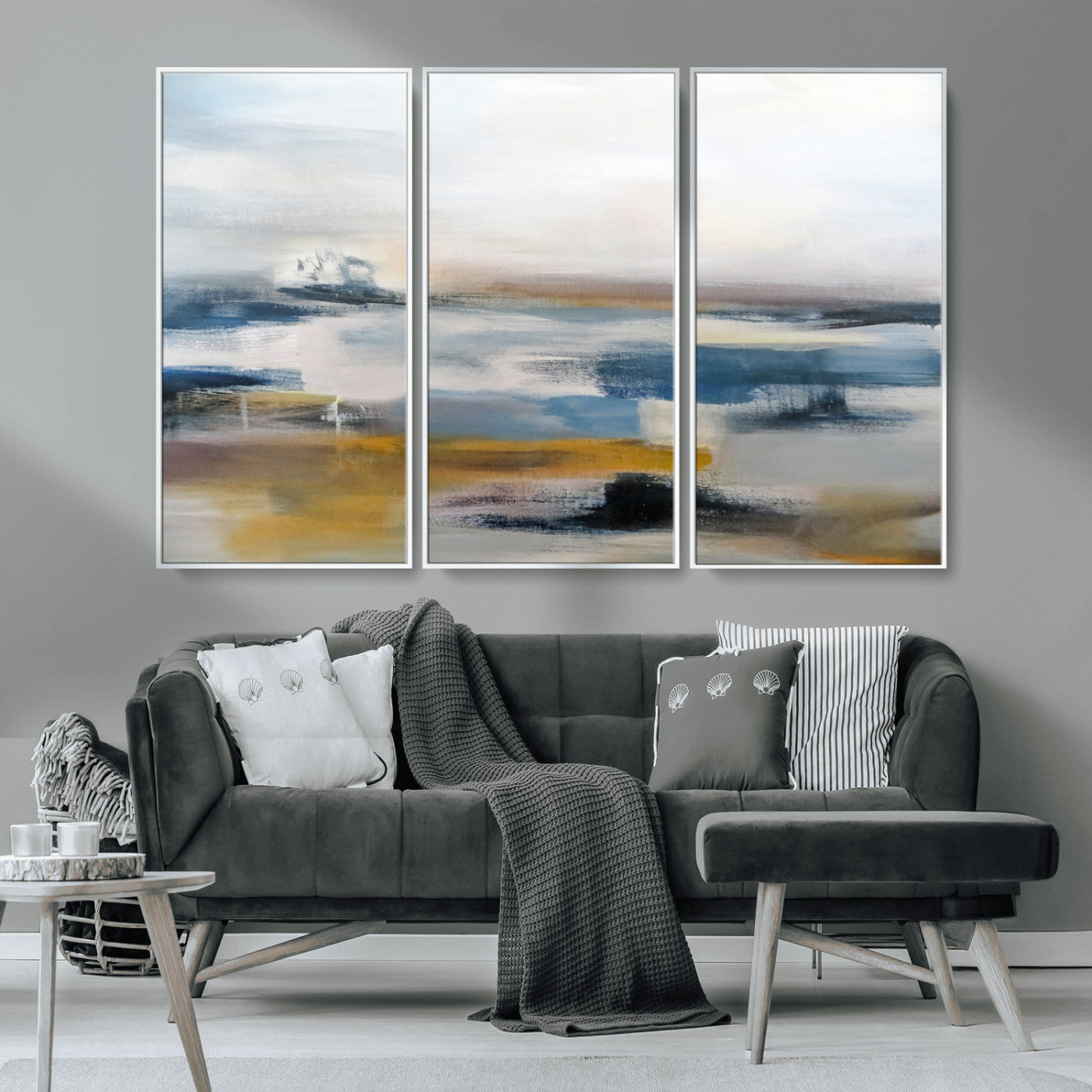 MGV-FC-48X32-3P - Abstract Landscape Wall Art Canvas | 3 Panel Modern Blue, Gold, and White Canvas Art for Living