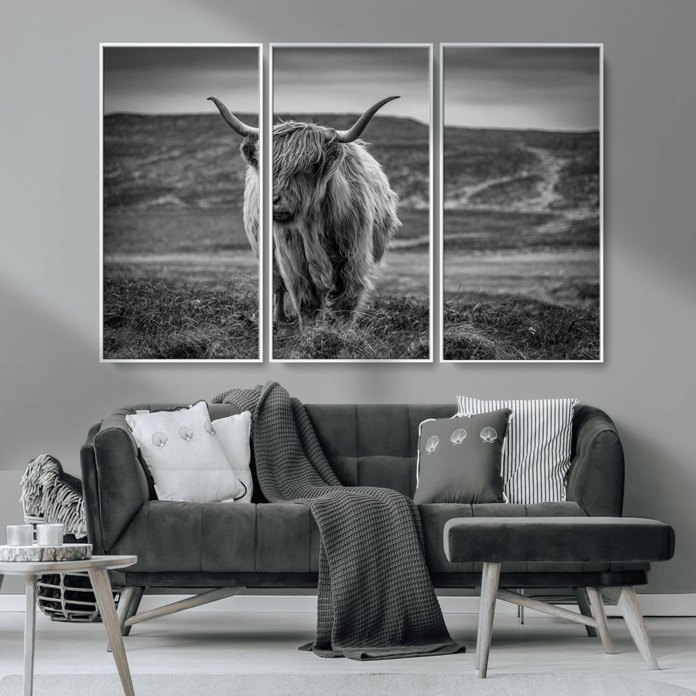 MGV-FC-48X32-3P - Fluffy Cattle Wall Art Print, Highland Cow Canvas, Framed Black and white Wall Art