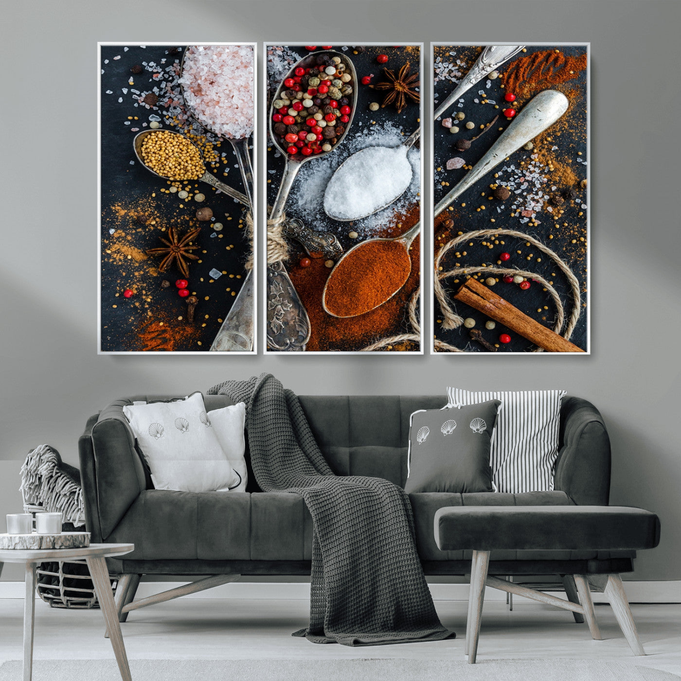 MGV-FC-48X32-3P - Spices and Seasonings Canvas Wall Art – Colorful Triptych Kitchen Decor – Culinary Art for Dining