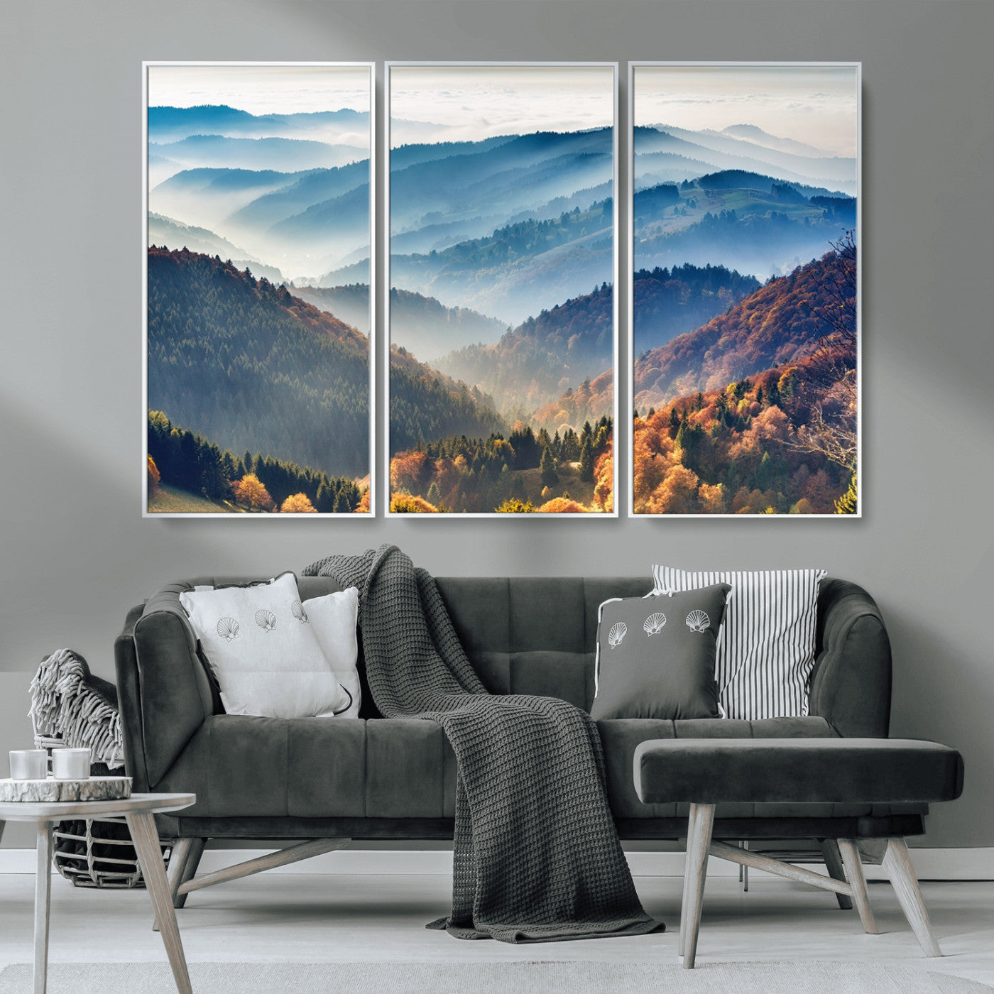 MGV-FC-48X32-3P - Misty Mountain Sunrise Triptych Canvas Print – Autumn Landscape Wall Art – Scenic Nature Decor –