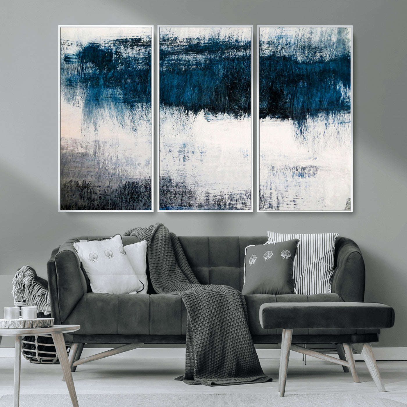 MGV-FC-48X32-3P - Abstract Blue and White Canvas Art | Large Wall Art for Modern Living Room Decor | Minimalist