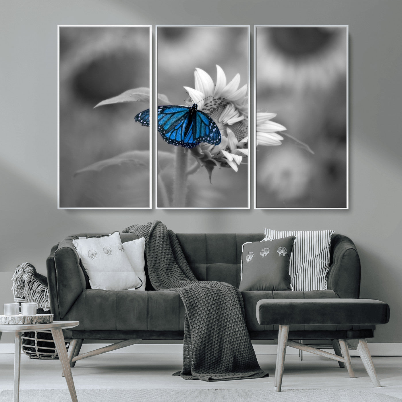 MGV-FC-48X32-3P - Blue Butterfly Black and White Canvas Wall Art