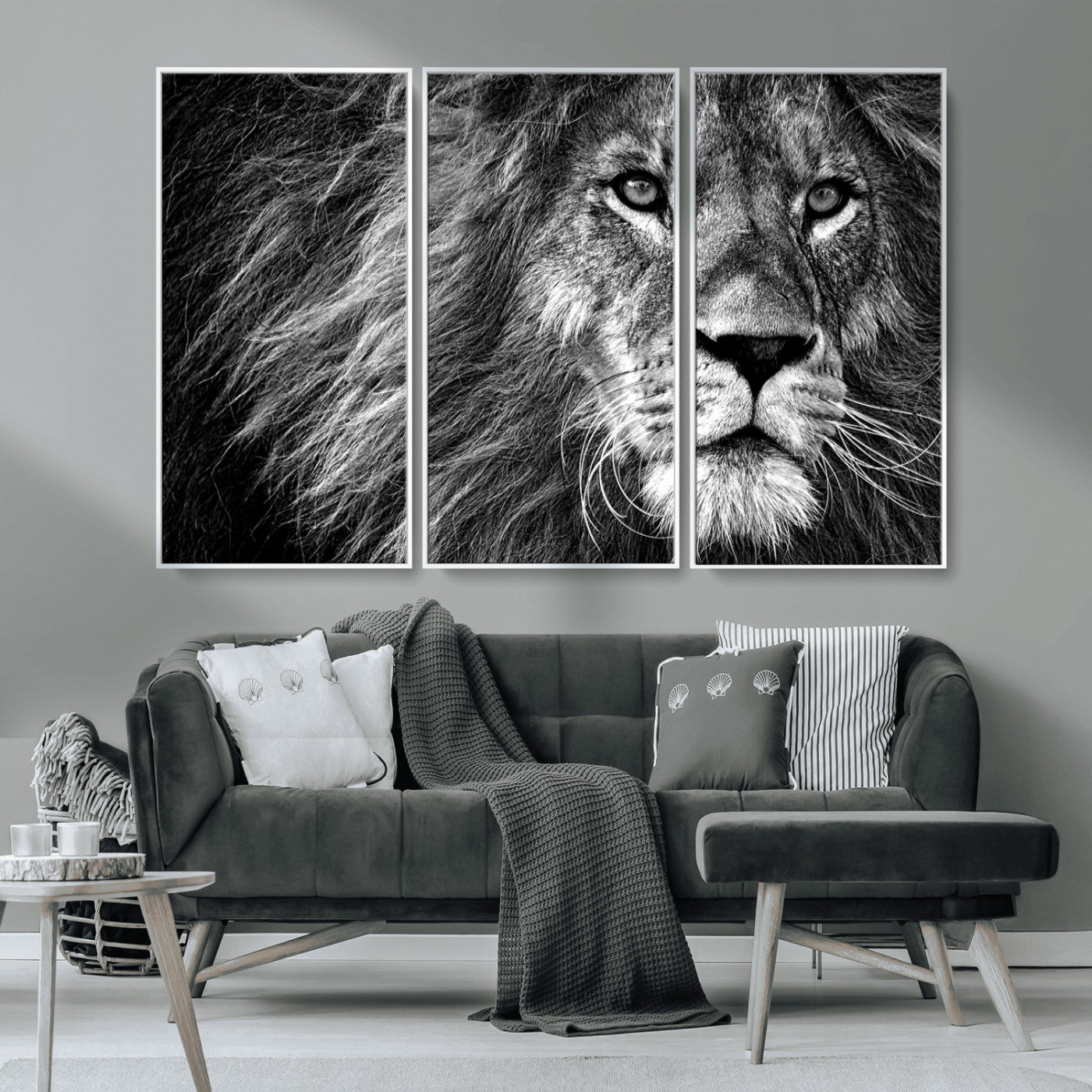 MGV-FC-48X32-3P - Black and White Lion Canvas Wall Art Print