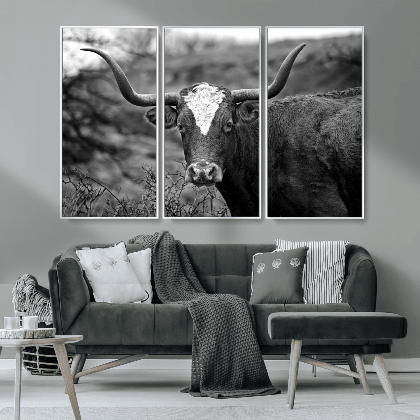 MGV-FC-48X32-3P - Western Home Wall Art Canvas Print, Framed Texas Longhorn Art Picture Print, Rustic Cow Perfect Rustic Farmhouse Decor Artwork