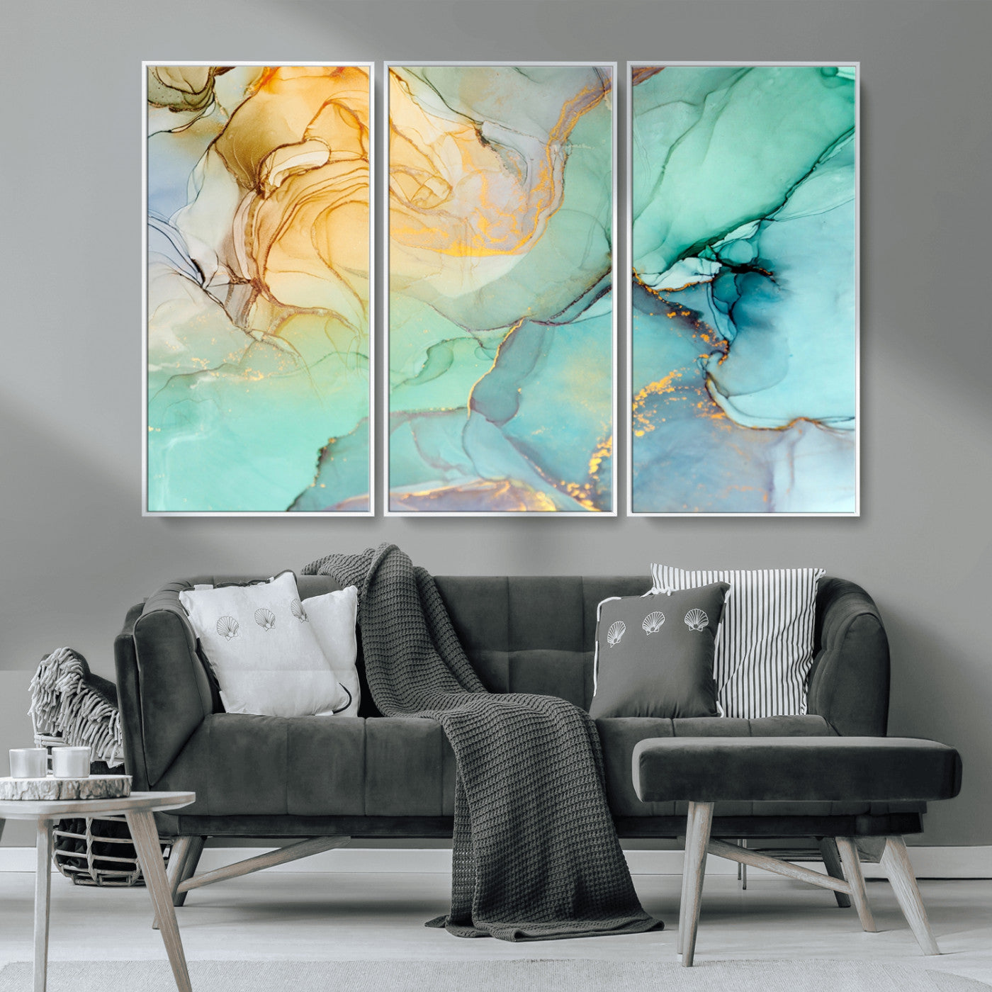 MGV-FC-48X32-3P - Abstract Aqua and Gold Fluid Wall Art Canvas | 3 Panel Large Canvas Print for Living Room, Office,