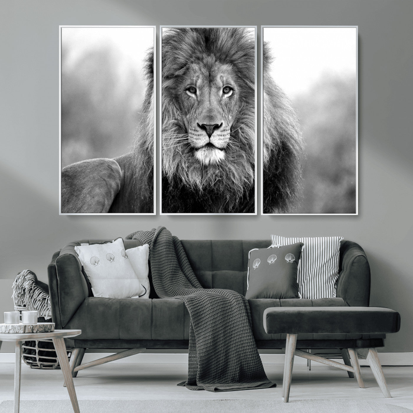 MGV-FC-48X32-3P - Black and White Lion Canvas Wall Art Animal Print