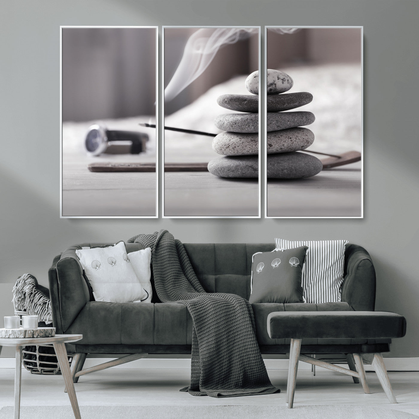 MGV-FC-48X32-3P - Burning Incense and Zen Stones Buddhism Wall Art, Zen Stones Wall Art Canvas Print