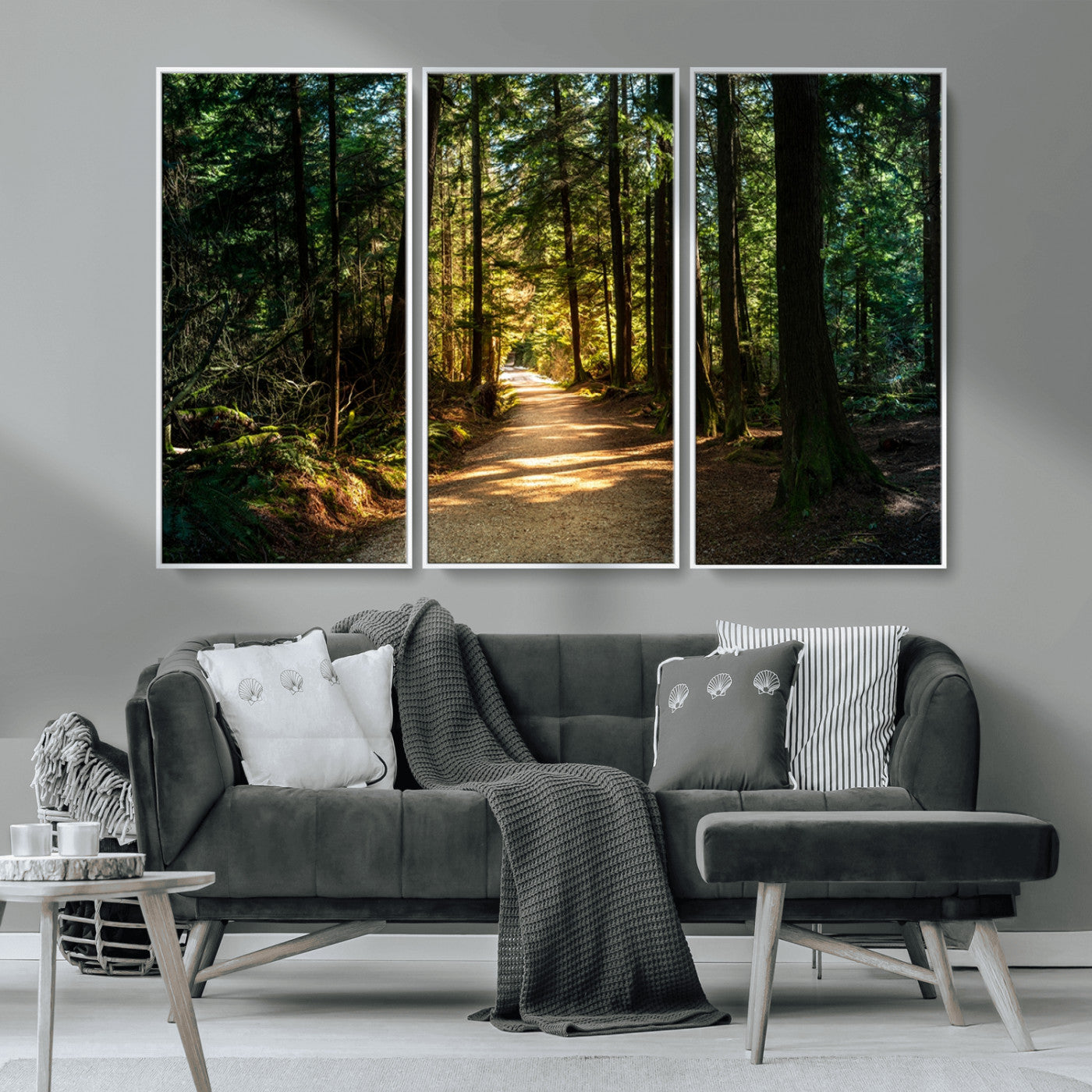 MGV-FC-48X32-3P - Sunlit Forest Pathway Canvas Print | 3 Panel Large Nature Wall Art for Living Room, Office, or