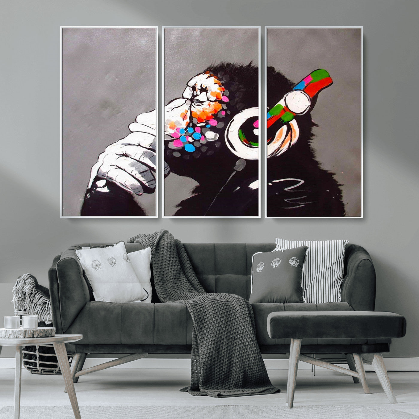 MGV-FC-48X32-3P - Dj Monkey Listening to Music Wall Art Print | Banksy Monkey Large Canvas Print for Living Room,