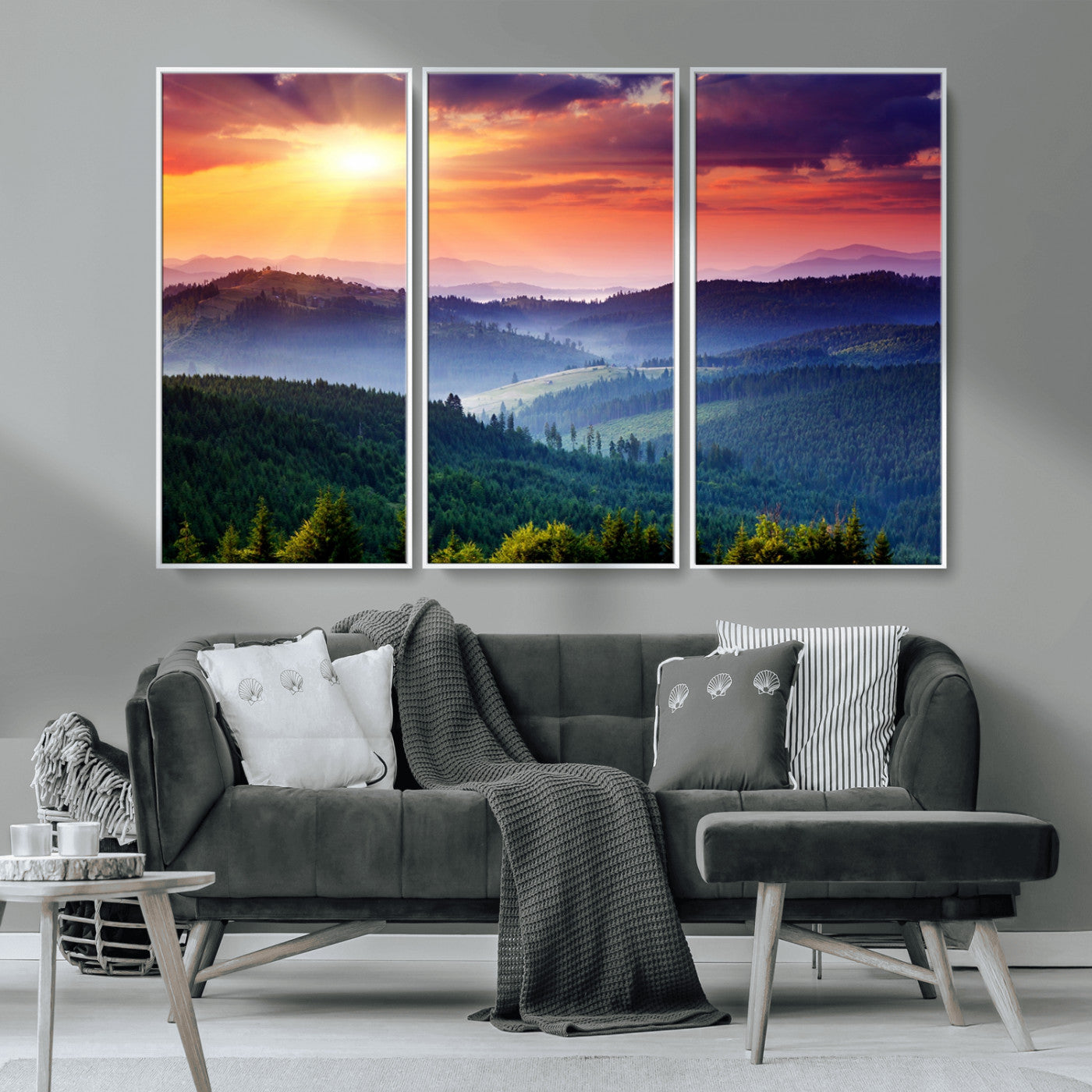 MGV-FC-48X32-3P - Beautiful Sunset over Hills Forest Landscape Canvas Wall Art Print