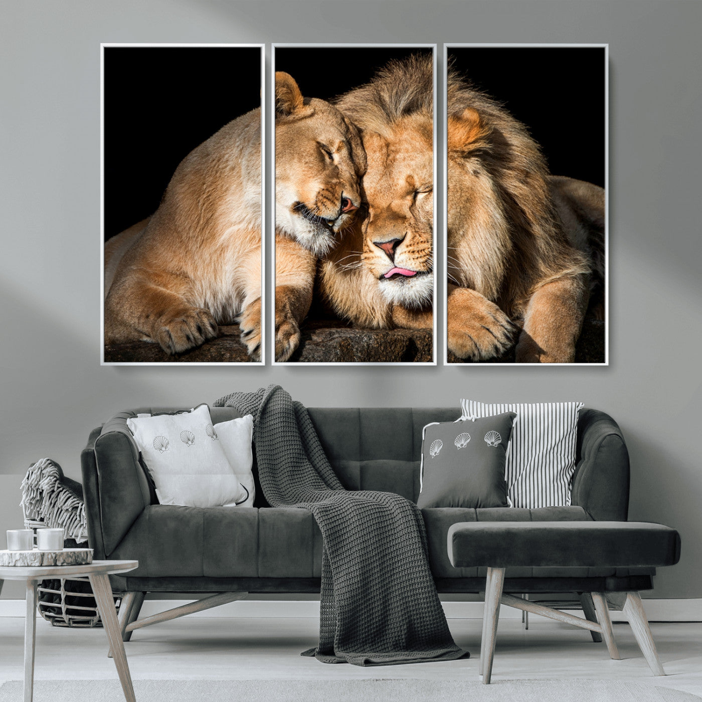 MGV-FC-48X32-3P - Lion and Lioness Wall Art Print Canvas | 3-Panel African Wildlife Canvas Print | Animal-Themed Art