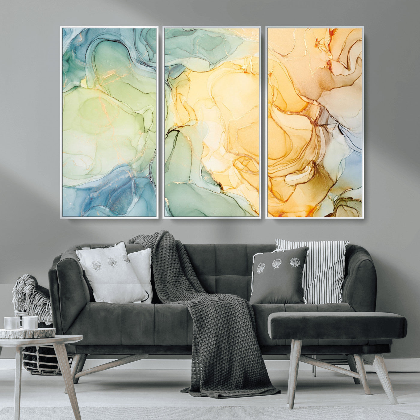 -Green and Yellow Marble Fluid Effect Wall Art, Green and Yellow Marble Canvas Wall Art Print