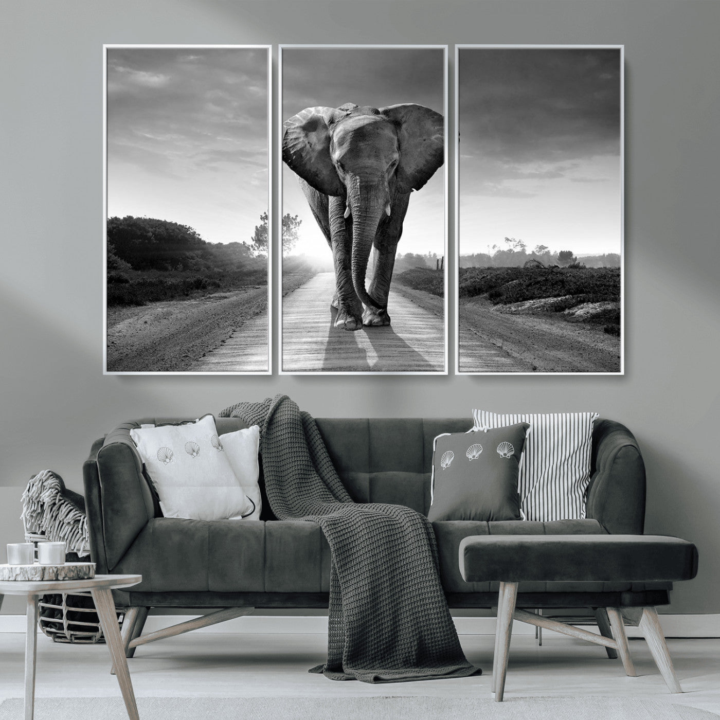 MGV-FC-48X32-3P - Black and White Elephant Wall Art Canvas Print