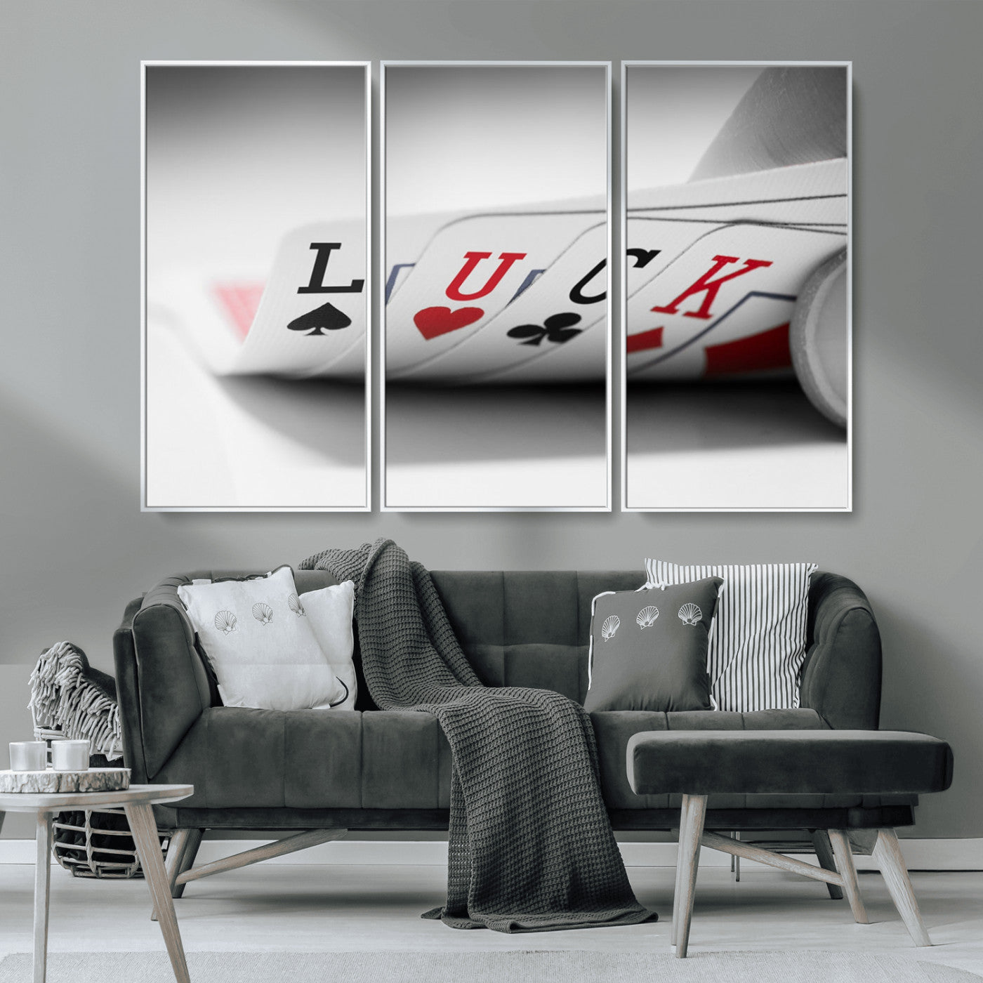 MGV-FC-48X32-3P - Framed Luck Poker Cards Canvas – Modern Triptych Wall Art, Ready to Hang for Game Rooms