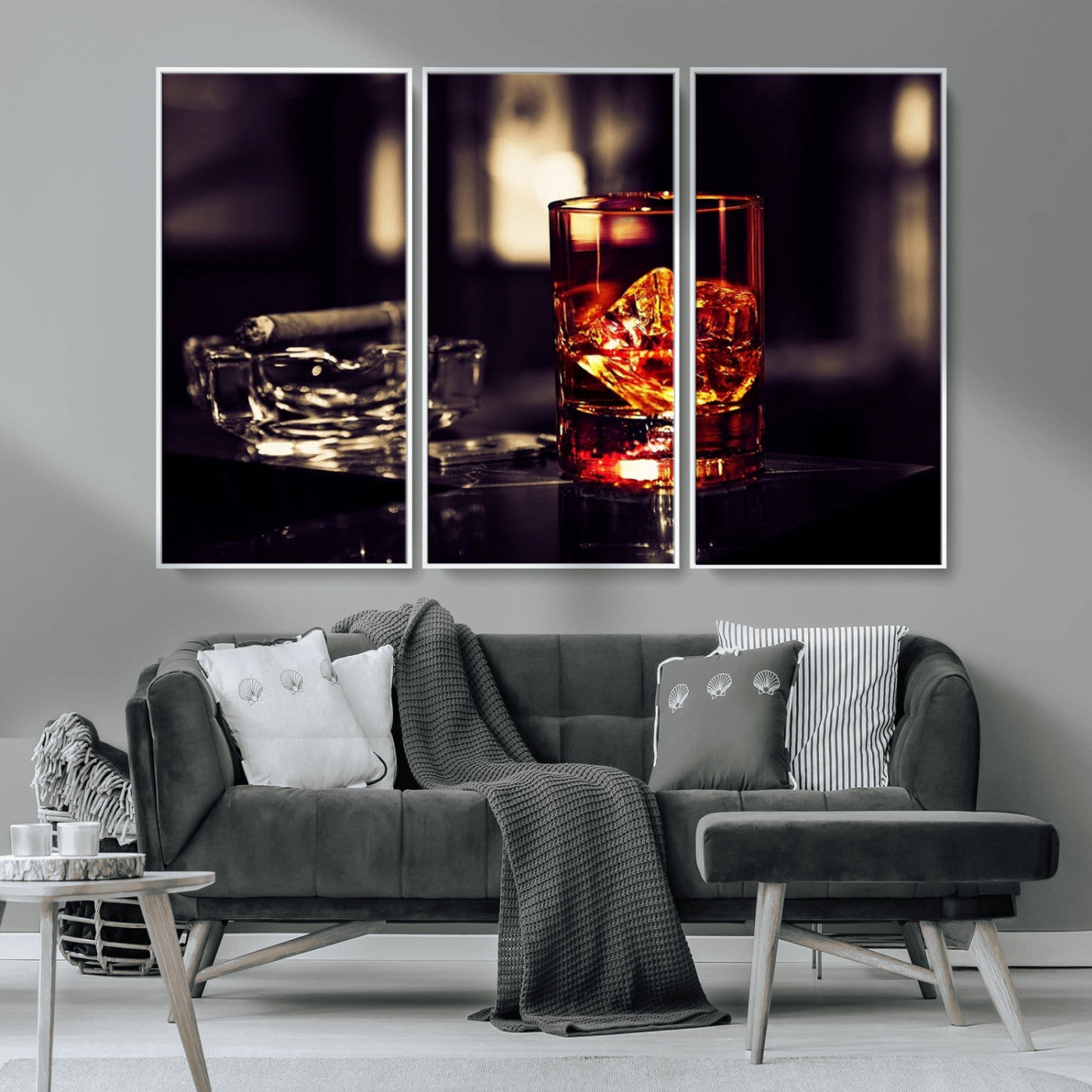 MGV-FC-48X32-3P - Whiskey and Cigar Canvas – Luxurious Wall Art for Home or Bar – Glass and Cigar Scene Print Canvas
