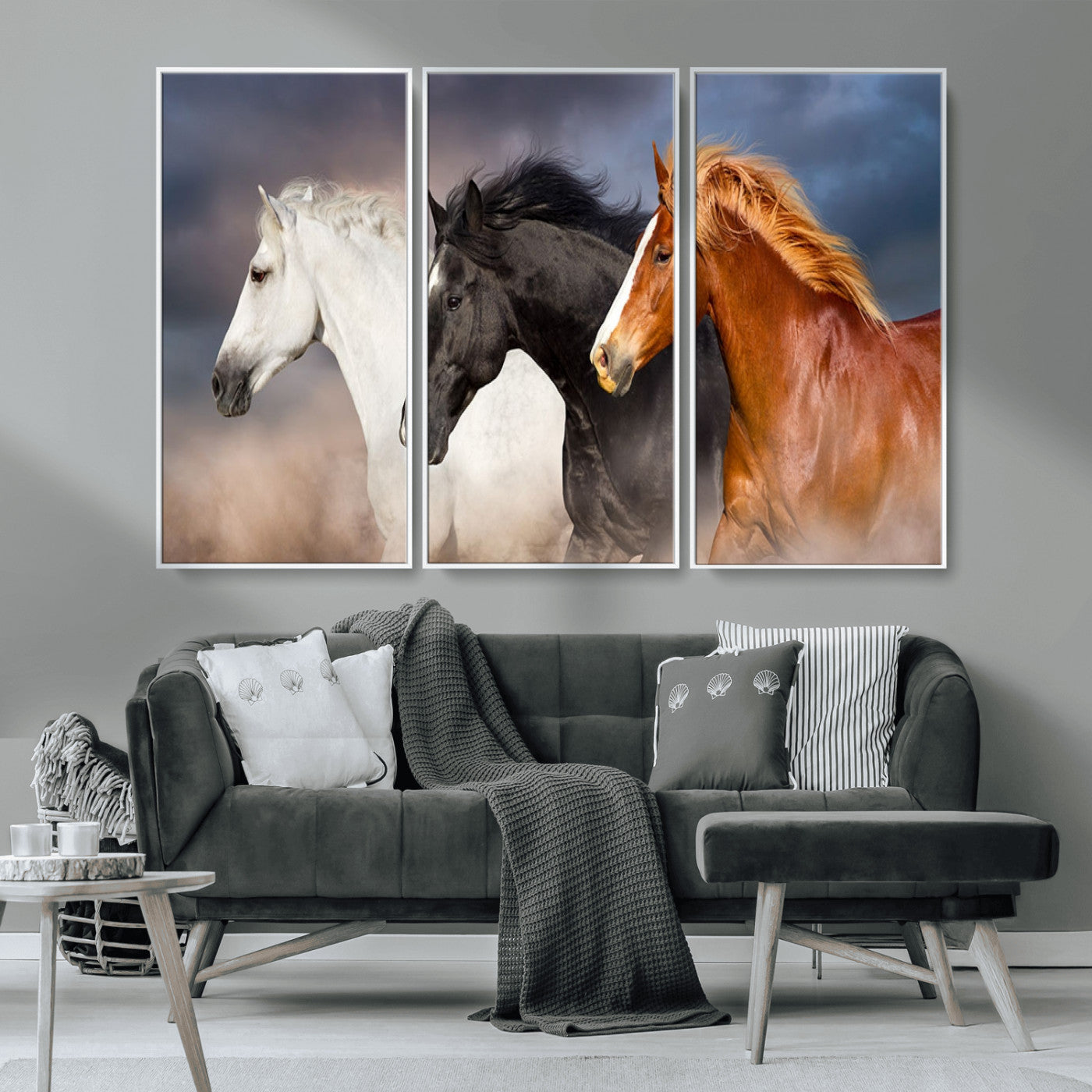 MGV-FC-48X32-3P - Animal Wall Art Three Horses Farmhouse Art Canvas, Framed Three Horses Canvas Print