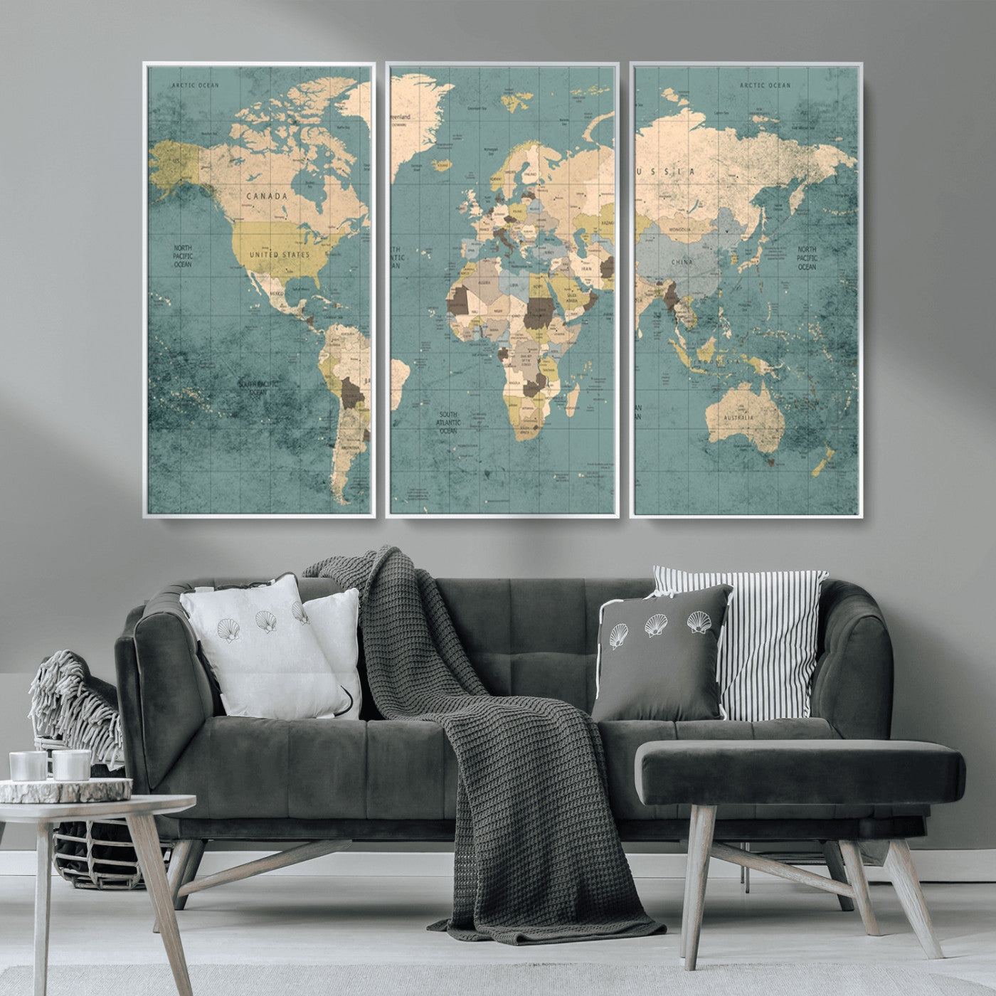 MGV-FC-48X32-3P - Classic World Map Wall Art Canvas Print, Framed Retro Map Art Picture Print, Vintage Atlas Perfect Rustic Explorer Decor Artwork