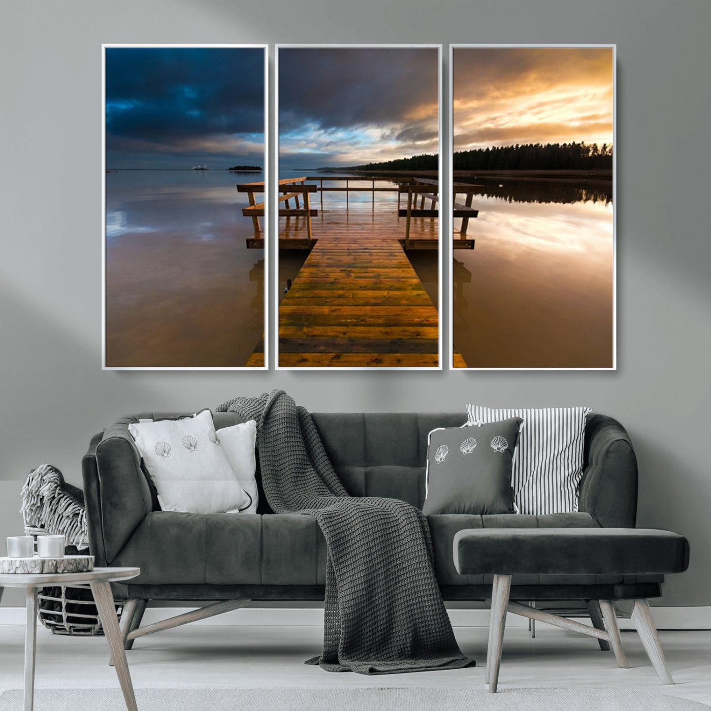 MGV-FC-48X32-3P - Serene Lake Pier at Sunset Canvas Print | Landscape Canvas Print | Ready to Hang and Framed Wall Art