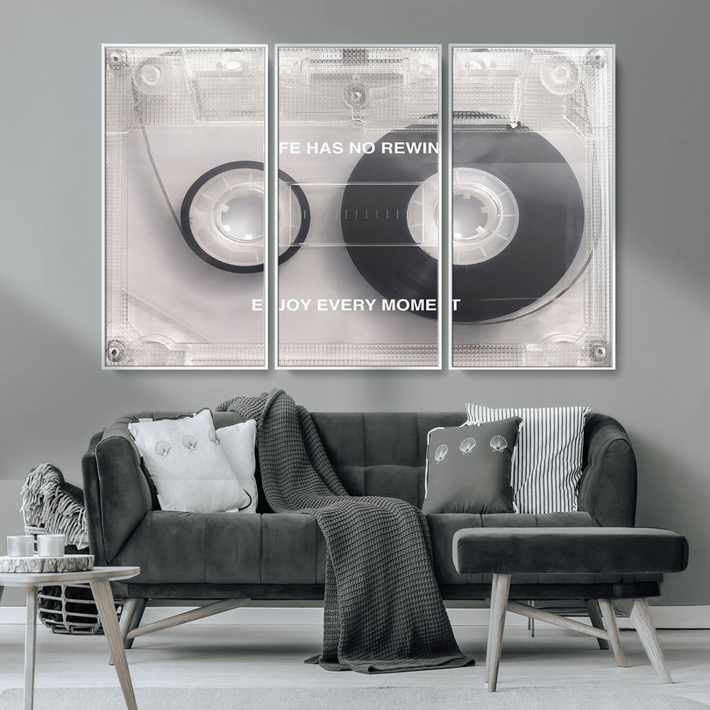 MGV-FC-48X32-3P - Vintage Cassette Tape Canvas Wall Art - Inspirational 'Life Has No Rewind' Quote, Retro Music Decor