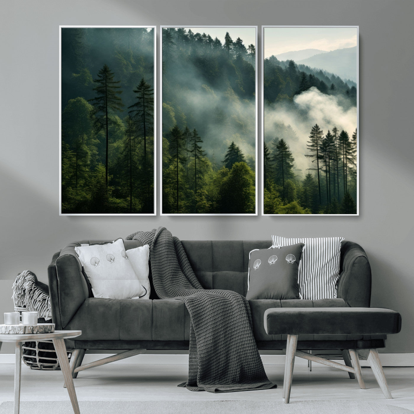 MGV-FC-48X32-3P - Misty Forest Wall Art Premium Canvas Print a Foggy and Serene Atmosphere